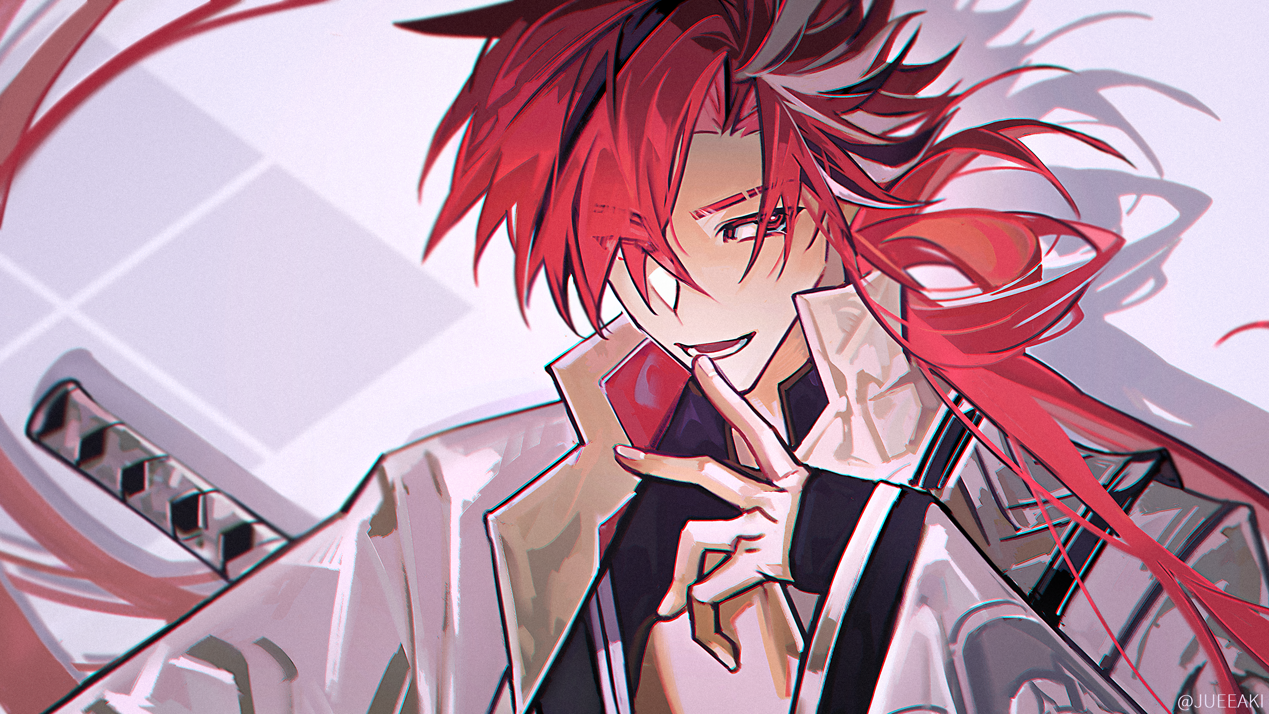eeju, takasugi shinsaku (fate), fate/grand order, fate (series), absurdres, commentary request, highres, 1boy, drop shadow, fingernails, hair between eyes, long hair, long sleeves, male focus, open mouth, ponytail, red eyes, red hair, sword, upper body, weapon
