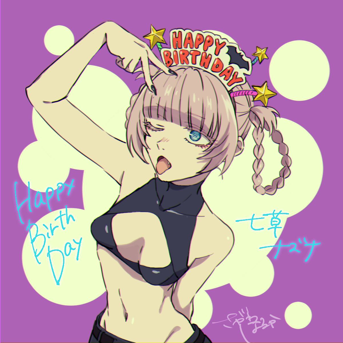 nanakusa nazuna (yofukashi no uta), yofukashi no uta, commentary request, highres, official art, translation request, 1girl, arm behind back, bare arms, bare shoulders, black hairband, black nails, blue eyes, blunt bangs, braid, braided hair rings, breasts, cleavage cutout, clothing cutout, crop top, fang, hair rings, hairband, happy birthday, navel, one eye closed, open mouth, pink hair, purple background, small breasts, solo, stomach, tongue, tongue out, turtleneck, upper body