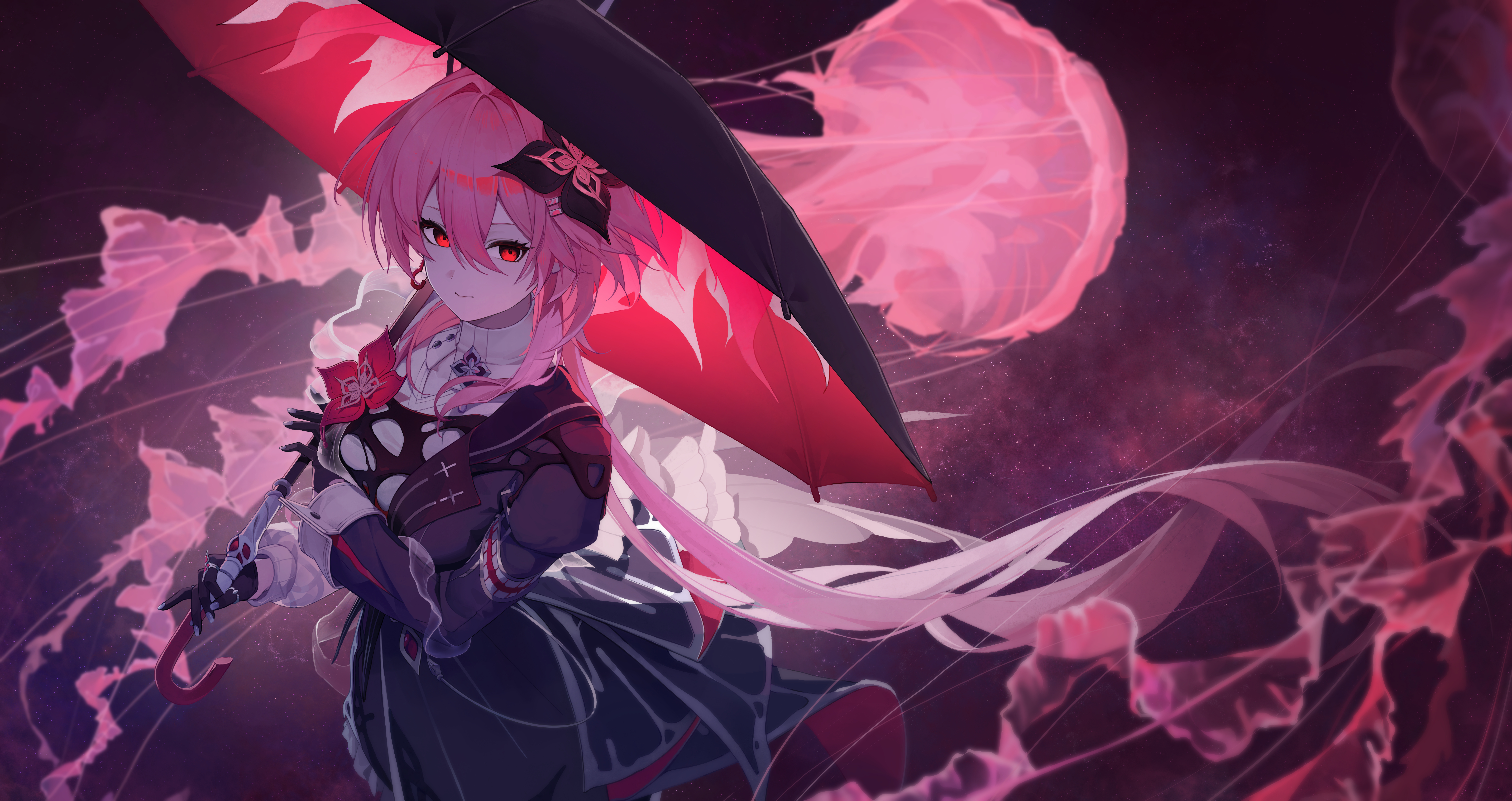 kko nyal, evernight (honkai: star rail), march 7th (honkai: star rail), honkai: star rail, honkai (series), absurdres, highres, 1girl, black flower, black gloves, black umbrella, closed mouth, floating hair, flower, gloves, hair between eyes, hair flower, hair ornament, holding, holding umbrella, long hair, long sleeves, looking at viewer, official alternate costume, official alternate eye color, official alternate hair length, official alternate hairstyle, pink hair, red eyes, smile, umbrella, upper body, very long hair