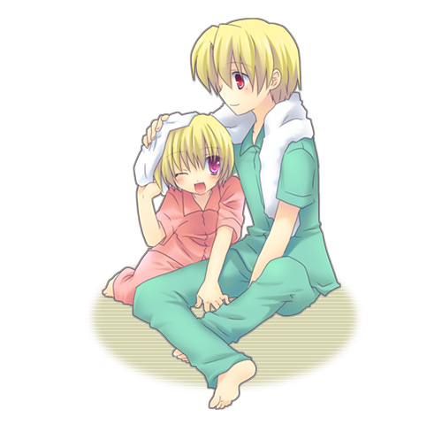 houjou satoko, houjou satoshi, higurashi no naku koro ni, artist request, lowres, tagme, 00s, 1boy, 1girl, barefoot, pajamas