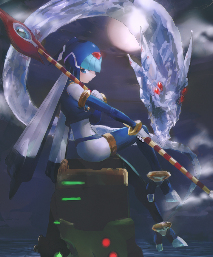 byte (grunty-hag1), fairy leviathan (mega man), mega man (series), mega man zero (series), 1girl, armor, blue armor, blue eyes, blue helmet, forehead jewel, from side, full body, helmet, holding, holding polearm, holding weapon, ice dragon, polearm, sitting, solo, spear, weapon