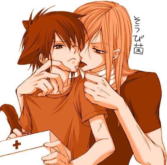 agatsuma soubi, aoyagi ritsuka, loveless, 00s, animal ears, bandages, cat ears, licking