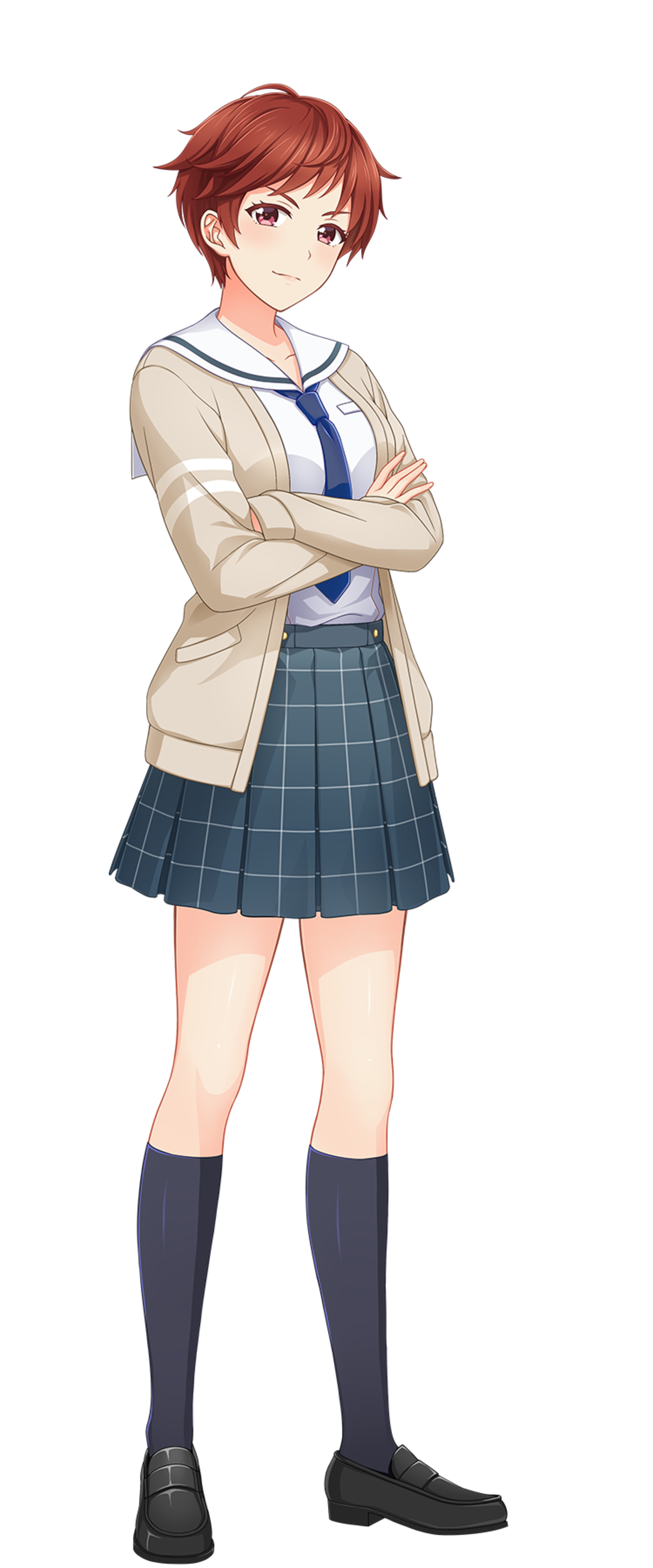 cinderella series, hachigatsu no cinderella nine, absurdres, highres, non-web source, official art, 1girl, black socks, blue necktie, breasts, brown cardigan, cardigan, closed mouth, collarbone, crossed arms, full body, grey skirt, large breasts, loafers, long sleeves, looking at viewer, necktie, no dickey, open cardigan, open clothes, plaid clothes, plaid skirt, pleated skirt, red eyes, red hair, sailor collar, satogahama school uniform, school uniform, senba ayako, serafuku, shirt, shoes, short hair, skirt, smile, socks, solo, standing, summer uniform, tachi-e, thighs, transparent background, v-shaped eyebrows, white sailor collar, white shirt