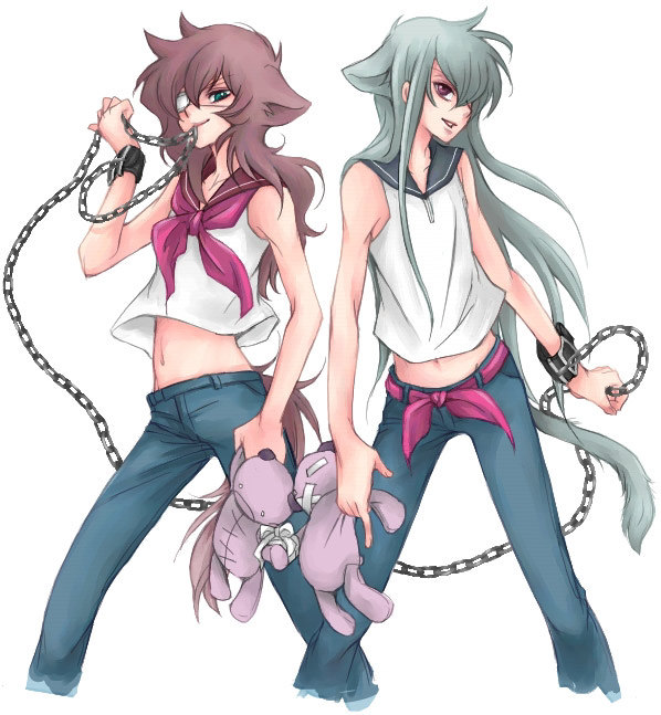 sagan natsuo, sagan youji, loveless, tagme, 00s, chain, green hair, male focus, midriff, pink hair