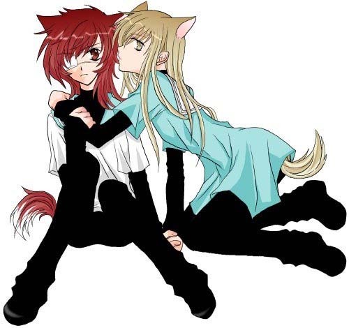 sagan natsuo, sagan youji, loveless, lowres, 00s, 2boys, animal ears, black pants, blonde hair, cat boy, cat ears, cat tail, eyepatch, long hair, male focus, matching hair/eyes, multiple boys, red eyes, red hair, sitting, tail, yellow eyes