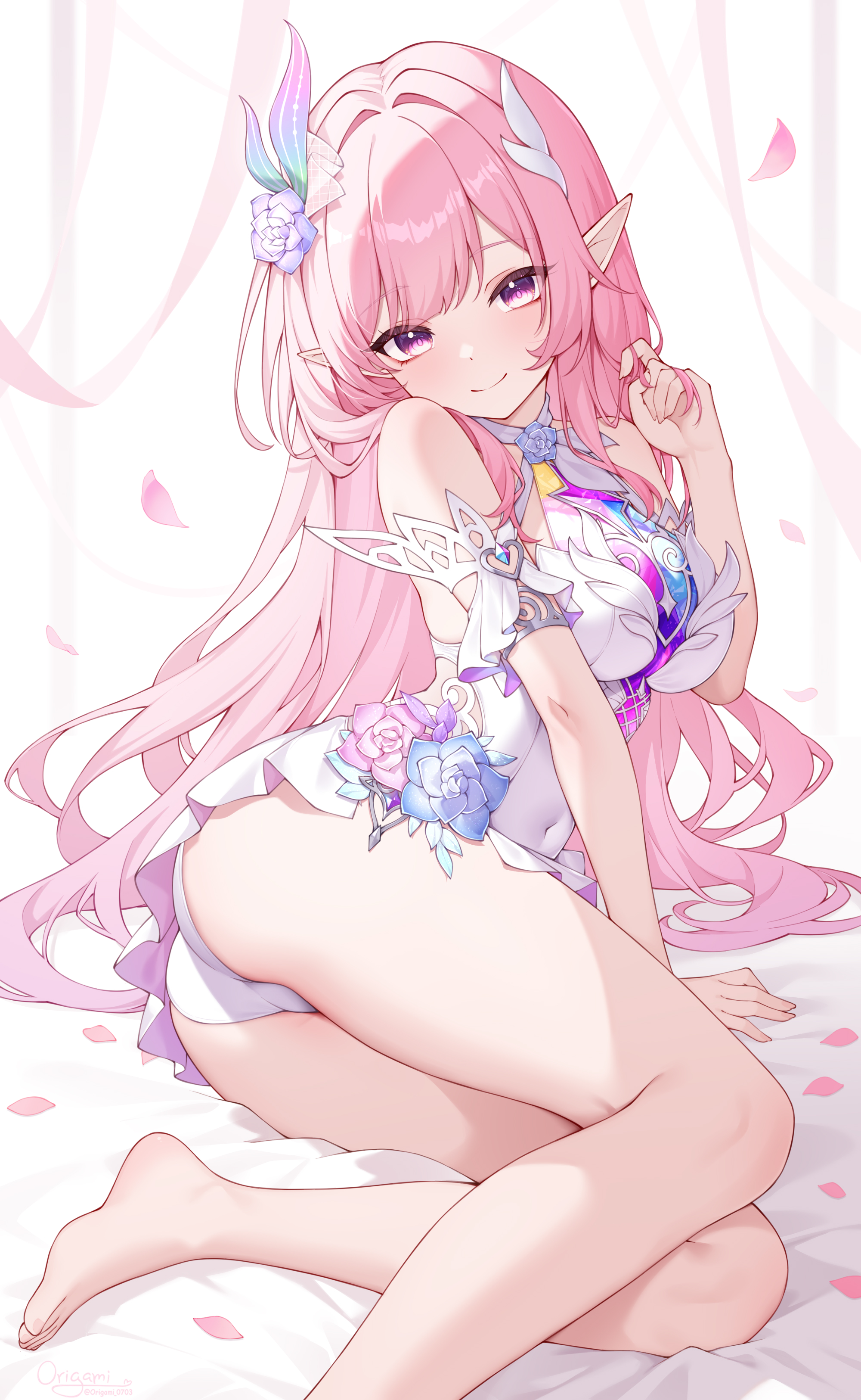 origami (poinia), cyrene (honkai: star rail), cyrene (ripples of past reverie) (honkai: star rail), honkai: star rail, honkai (series), absurdres, commentary, highres, paid reward available, 1girl, armlet, ass, bare shoulders, barefoot, breasts, closed mouth, covered navel, dress, falling petals, fingernails, flower, foot out of frame, hair flower, hair intakes, hair ornament, hand up, jewelry, large breasts, light blush, long hair, looking at viewer, lying, on bed, on side, panties, petals, pink hair, pink petals, pink pupils, pointy ears, purple eyes, purple flower, purple rose, rose, short dress, sidelocks, signature, smile, solo, thighs, underwear, very long hair, white dress, white panties