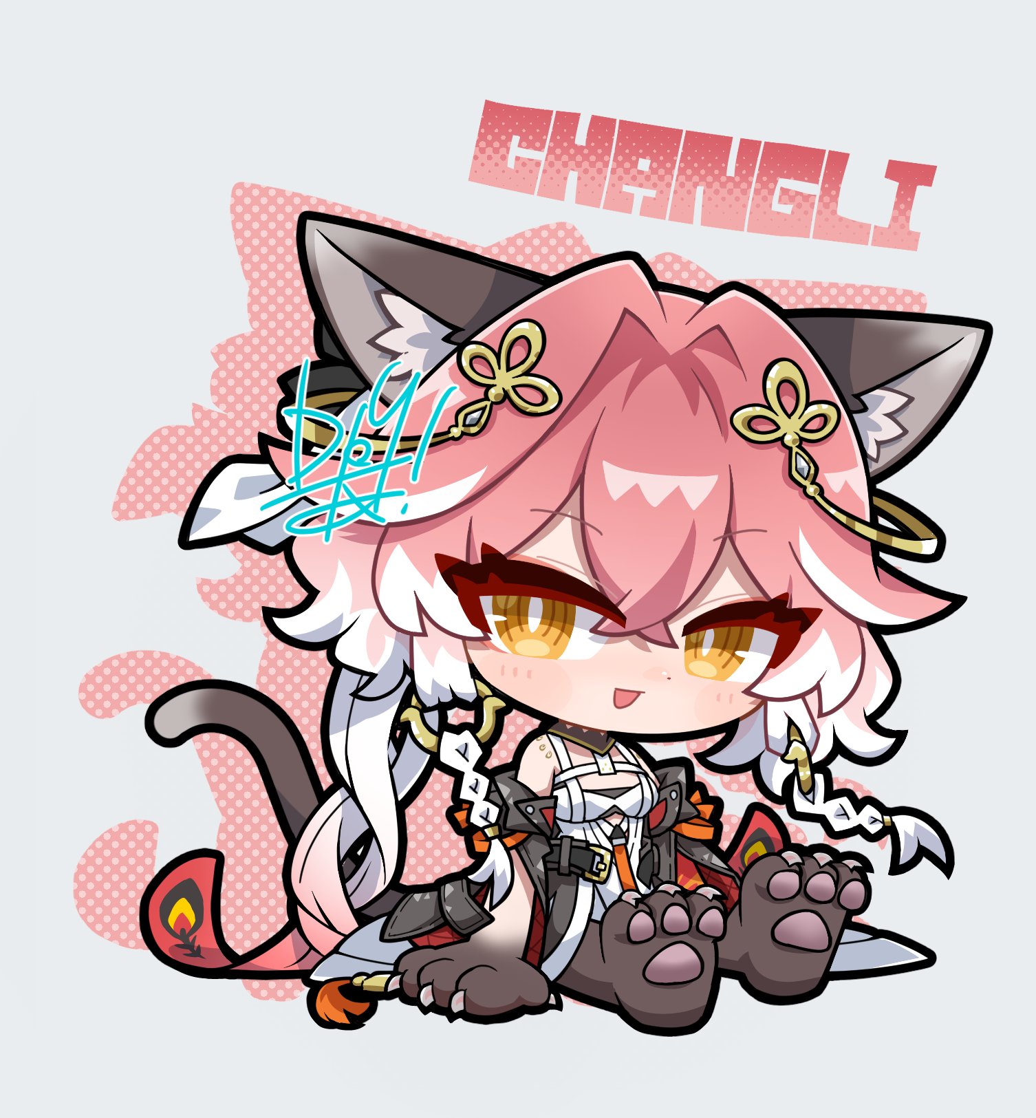 dog-san, changli (wuthering waves), wuthering waves, commentary, highres, symbol-only commentary, 1girl, :d, animal ear fluff, animal ears, animal feet, animal hands, black collar, black jacket, body markings, braid, breasts, bright pupils, cat ears, cat girl, cat tail, character name, chibi, chibi only, collar, dress, feather hair, full body, gloves, grey background, hair between eyes, hair extensions, hair ornament, jacket, kemonomimi mode, long hair, looking at viewer, medium breasts, multicolored hair, open mouth, pink hair, ring hair extensions, simple background, sitting, smile, solo, tail, twin braids, two-tone hair, very long hair, white dress, white hair, white pupils, yellow eyes