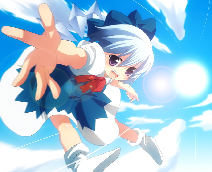 aro, ya (pixiv), cirno, embodiment of scarlet devil, touhou, bad id, bad pixiv id, 1girl, blue hair, cloud, day, dress, female focus, flying, gradient background, outdoors, ribbon, short hair, sky, solo, wings