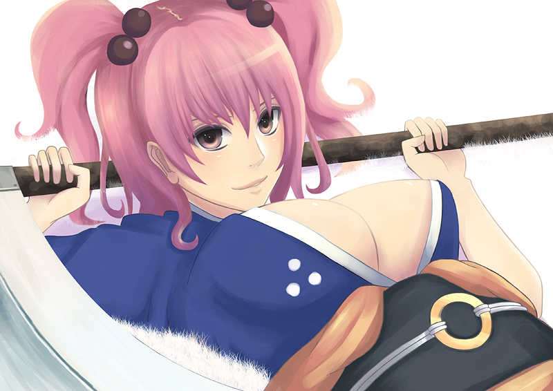 sakimori, sakimori (hououbds), onozuka komachi, touhou, 1girl, breasts, female focus, huge breasts, pink eyes, pink hair, scythe, short hair, solo