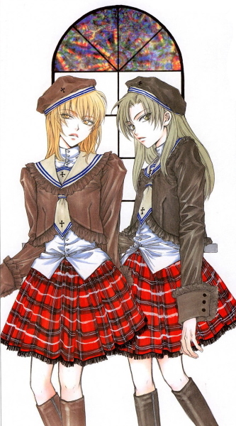 tsuda mikiyo, kouno tooru, shihoudani yuujirou, princess princess, 00s, blonde hair, crossdressing, green hair, long hair, pink hair, trap