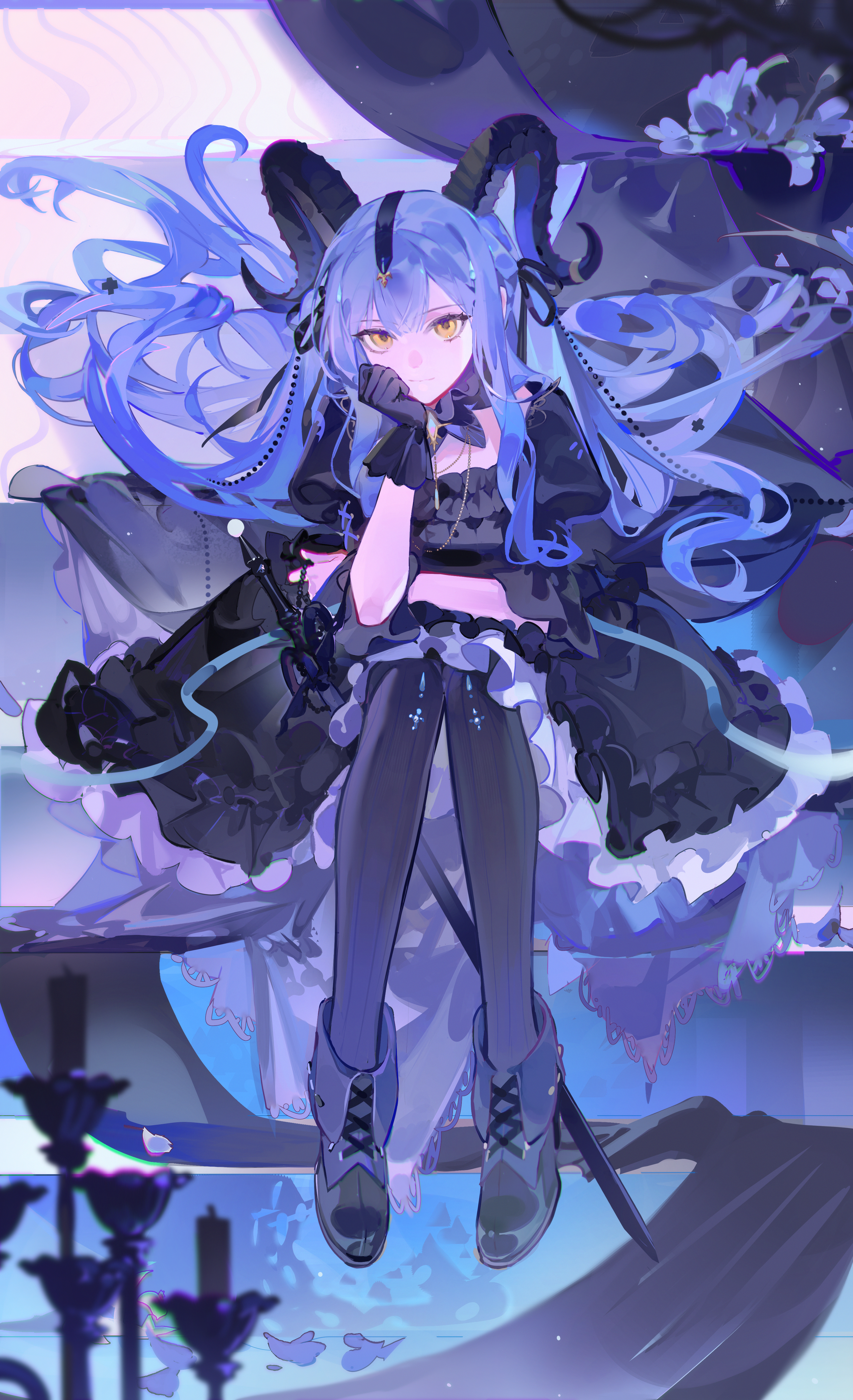 dongfang ghost, togawa sakiko, togawa sakiko (master of melodia), arknights, bang dream!, bang dream! it's mygo!!!!!, absurdres, chinese commentary, commentary request, highres, 1girl, black boots, black dress, black gloves, black horns, black pantyhose, black ribbon, blue hair, boots, closed mouth, curled horns, curtains, detached collar, dress, frilled dress, frills, full body, gloves, hair ribbon, hair spread out, hand on own cheek, hand on own face, horns, jewelry, long hair, looking at viewer, necklace, pantyhose, ribbon, sidelocks, sitting, solo, stairs, sword, two side up, weapon, wrist cuffs, yellow eyes