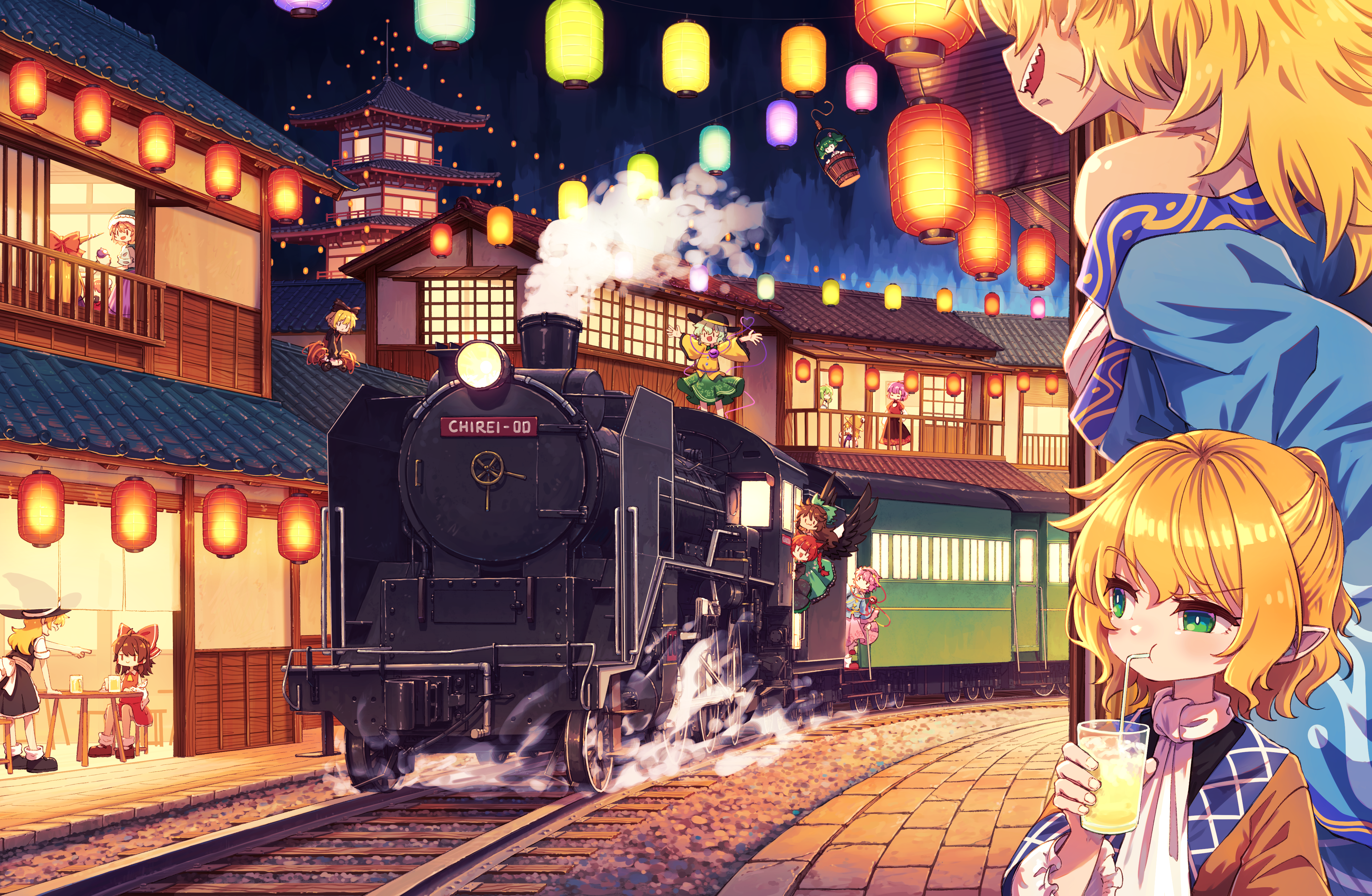 suteruko, hakurei reimu, hoshiguma yuugi, hoshiguma yuugi (kimono), ibaraki kasen, ibuki suika, kaenbyou rin, kirisame marisa, kisume, kochiya sanae, komeiji koishi, kurodani yamame, mizuhashi parsee, moriya suwako, okunoda miyoi, reiuji utsuho, yasaka kanako, touhou, absurdres, commentary request, highres, 6+girls, :3, :d, ahoge, alcohol, animal ears, apron, architecture, ascot, back bow, beer, beer mug, black bow, black dress, black hair, black hairband, black hat, black shirt, black shoes, black skirt, black vest, black wings, blonde hair, blue kimono, blue shirt, blunt bangs, bow, braid, brown dress, brown hair, brown hat, brown shirt, bucket, carriage, cat ears, chest sarashi, closed mouth, collared shirt, cup, detached sleeves, dress, drinking, drinking straw, east asian architecture, feathered wings, floral print, frilled sleeves, frills, gourd, green bow, green eyes, green hair, green skirt, hair bow, hair bun, hair ornament, hair over shoulder, hair tubes, hairband, hat, hat ribbon, heart, heart hair ornament, heart of string, holding, holding cup, holding gourd, horns, ice, ice cube, japanese clothes, juliet sleeves, kimono, lantern, locomotive, long hair, long sleeves, mary janes, mug, multiple girls, open mouth, outstretched arms, paper lantern, pinafore dress, pink hair, pink skirt, pointy ears, puffy sleeves, purple hair, purple skirt, purple vest, railroad tracks, red bow, red hair, red shirt, red shoes, red skirt, ribbon, rose print, sarashi, sharp teeth, shirt, shoes, short hair, sitting, skirt, sleeveless, sleeveless dress, sleeveless shirt, smile, socks, spread arms, standing, steam, steam locomotive, table, teeth, third eye, two side up, vest, waist apron, white apron, white bow, white ribbon, white sleeves, white socks, wide sleeves, wings, witch hat, yellow ascot, yellow shirt