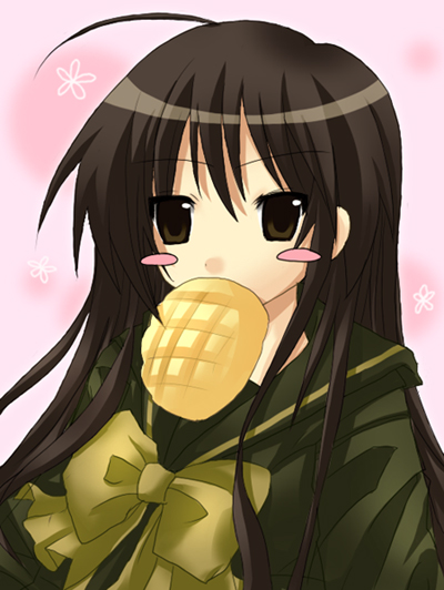 shana, shakugan no shana, non-web source, 00s, black eyes, black hair, bread, food, long hair, melon bread, mouth hold, school uniform, serafuku, solo