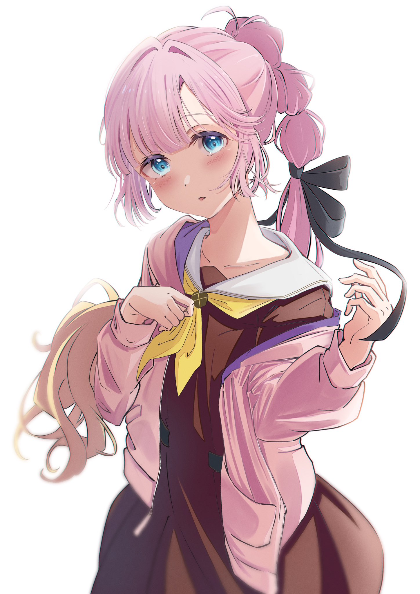 frontrivers kae, anyoji hime, link! like! love live!, love live!, commentary request, highres, 1girl, antenna hair, backlighting, black ribbon, blonde hair, blue eyes, blunt bangs, blush, brown dress, collarbone, cowboy shot, dress, gradient hair, hair intakes, hair ribbon, hands up, hasu no sora school uniform, hood, hooded jacket, jacket, long hair, long sleeves, looking at viewer, multi-tied hair, multicolored hair, neckerchief, open clothes, open jacket, parted lips, pink hair, pink jacket, pleated dress, ponytail, ribbon, sailor collar, sailor dress, school uniform, sidelocks, simple background, single off shoulder, solo, swept bangs, very long hair, virtual youtuber, white background, white sailor collar, winter uniform, yellow neckerchief