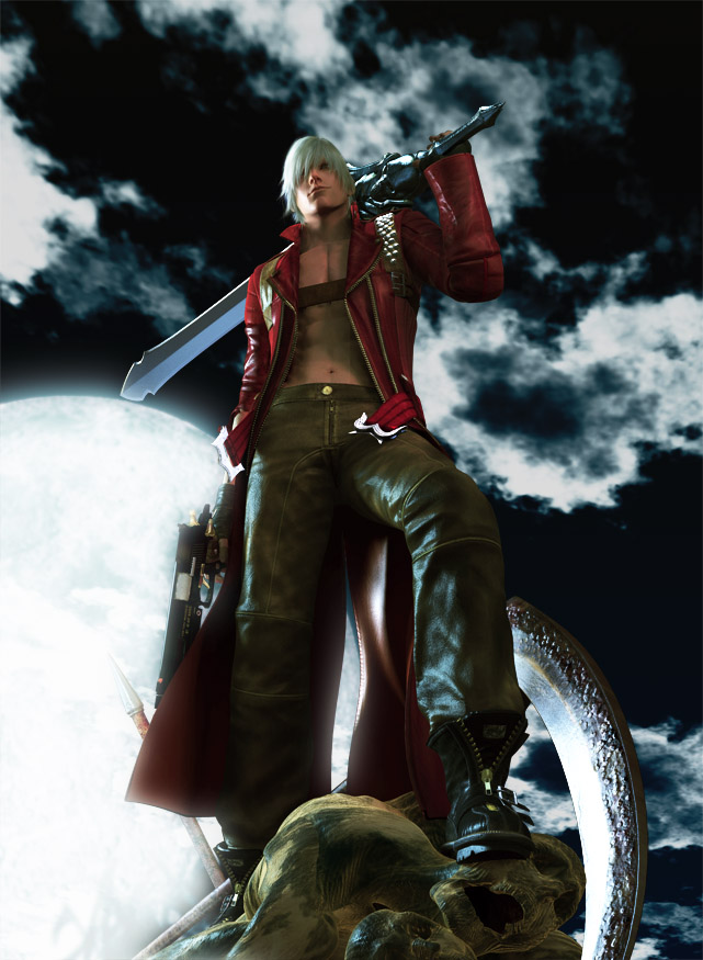 dante (devil may cry), capcom, devil may cry (series), official art, 00s, 1boy, abs, boots, cloud, dual wielding, fingerless gloves, full body, gloves, gun, handgun, holding, jacket, leather, leather pants, long coat, male focus, monster, muscular, outdoors, pants, red jacket, sky, solo, topless male, weapon, white hair