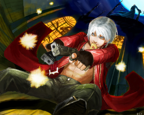dante (devil may cry), vergil (devil may cry), capcom, devil may cry (series), devil may cry 3, lowres, 00s, 1boy, gun, weapon