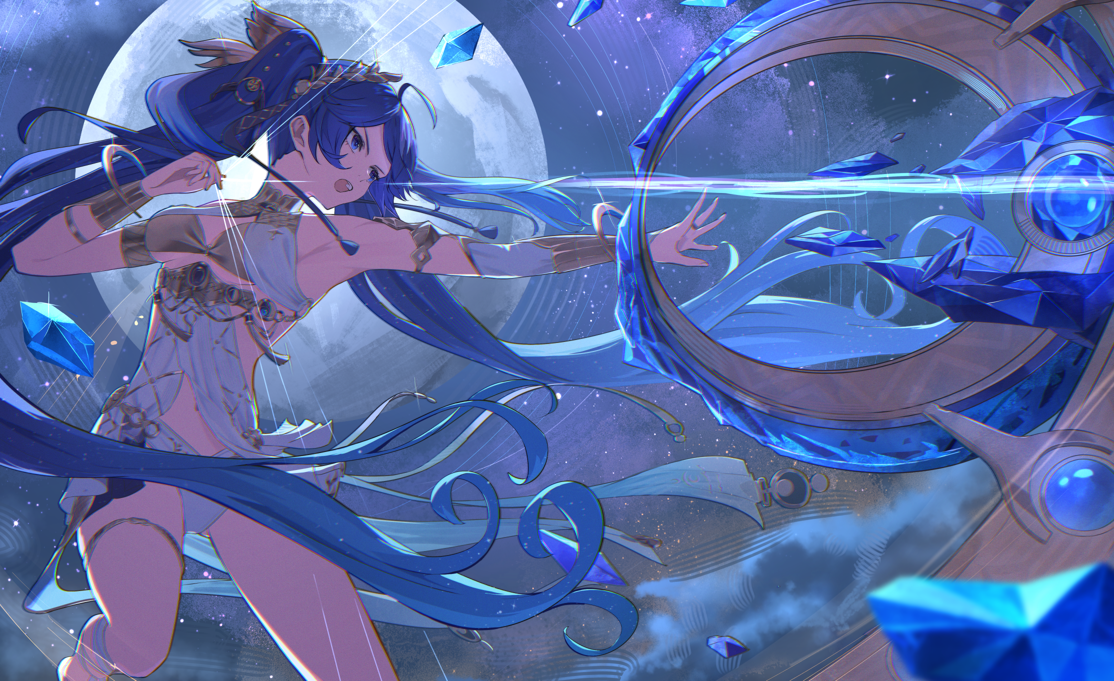oiro ik, iuno (wuthering waves), wuthering waves, commentary, highres, 1girl, ancient greek clothes, armlet, bare shoulders, black skirt, blue eyes, blue hair, breasts, cleavage, feet out of frame, full moon, gold bra, greco-roman clothes, jewelry, laurel crown, long hair, looking ahead, medium breasts, miniskirt, moon, open mouth, showgirl skirt, skirt, solo, thighlet, thighs, vambraces, very long hair