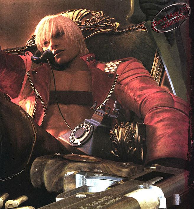 dante (devil may cry), capcom, devil may cry (series), devil may cry 3, official art, 00s, 1boy, phone
