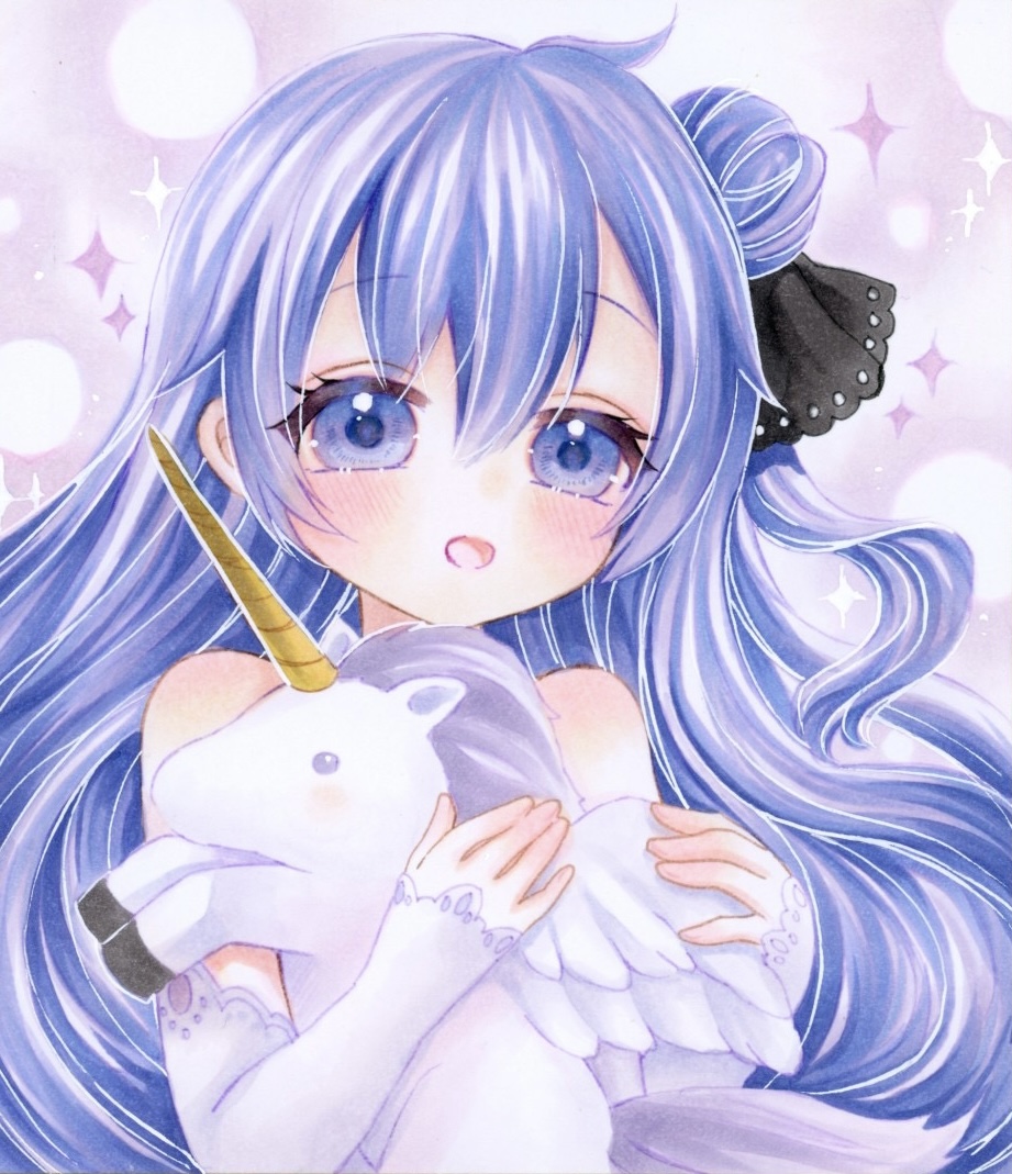 yuuki hana (jtnp5334), unicorn (azur lane), azur lane, commentary request, marker (medium), traditional media, 1girl, bare shoulders, black ribbon, detached sleeves, dress, hair between eyes, hair bun, hugging object, long hair, long sleeves, looking at viewer, open mouth, purple eyes, purple hair, ribbon, single hair bun, single side bun, solo, stuffed animal, stuffed toy, stuffed winged unicorn, white dress