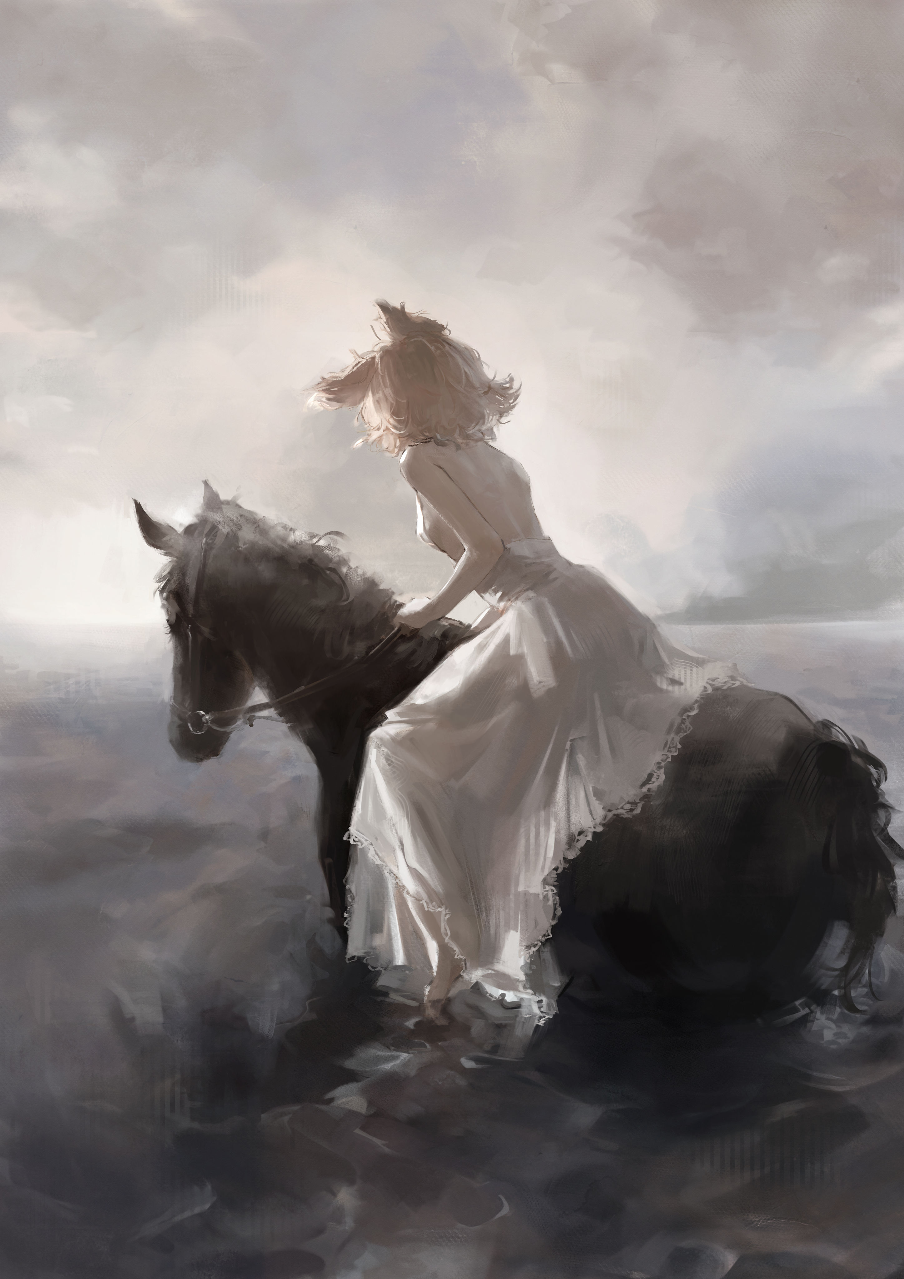 sawararado, toyosatomimi no miko, touhou, absurdres, highres, 1girl, animal ears, backless dress, backless outfit, bare arms, bare back, bare shoulders, blonde hair, dress, from behind, horseback riding, riding, short hair, sleeveless, sleeveless dress, solo