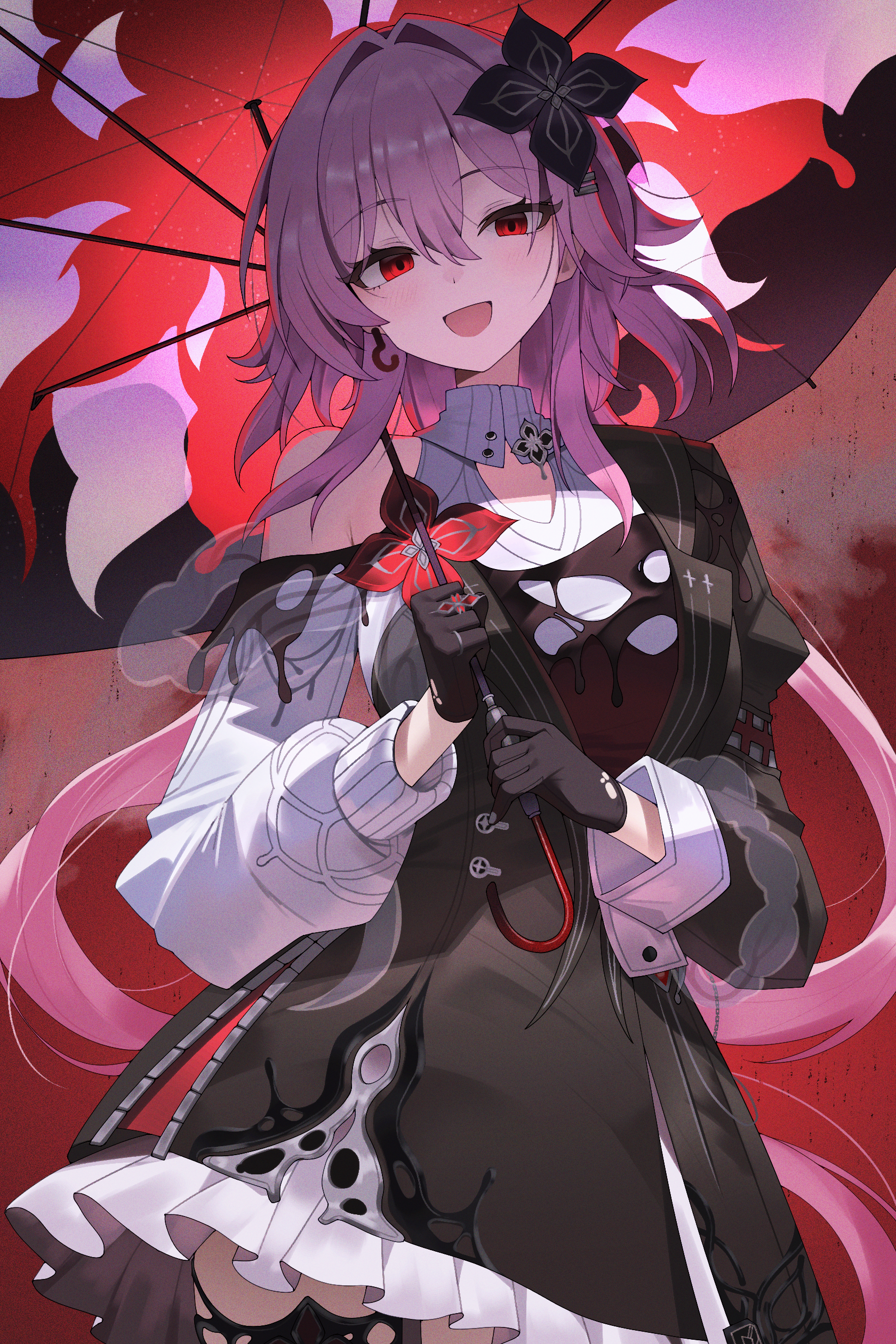mellow kaede, evernight (honkai: star rail), march 7th (honkai: star rail), honkai: star rail, honkai (series), absurdres, highres, 1girl, black dress, black gloves, breasts, cowboy shot, dress, earrings, flower, gloves, hair flower, hair ornament, holding, holding umbrella, jewelry, long hair, medium breasts, open mouth, pink hair, red background, red eyes, shirt, single earring, solo, umbrella, umbrella over shoulder, white shirt