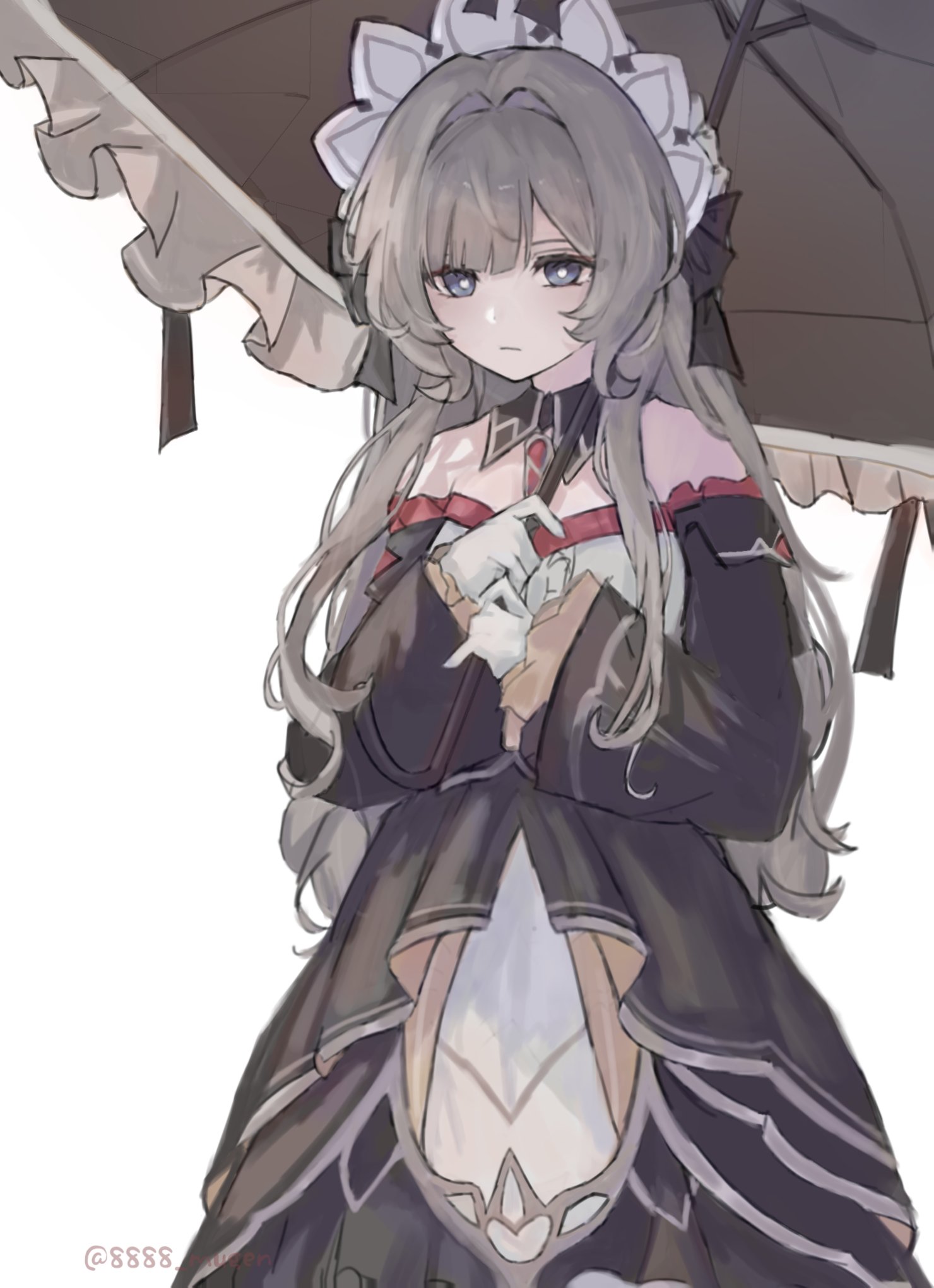sandrone (genshin impact), genshin impact, highres, 1girl, alternate hair length, alternate hairstyle, bare shoulders, black collar, black dress, blue eyes, brown hair, closed mouth, collar, cowboy shot, detached collar, detached sleeves, dress, gloves, hair intakes, headdress, holding, holding umbrella, long hair, looking at viewer, nayuta (8888 mugen), simple background, solo, strapless, strapless dress, twitter username, umbrella, white background, white gloves, white headdress
