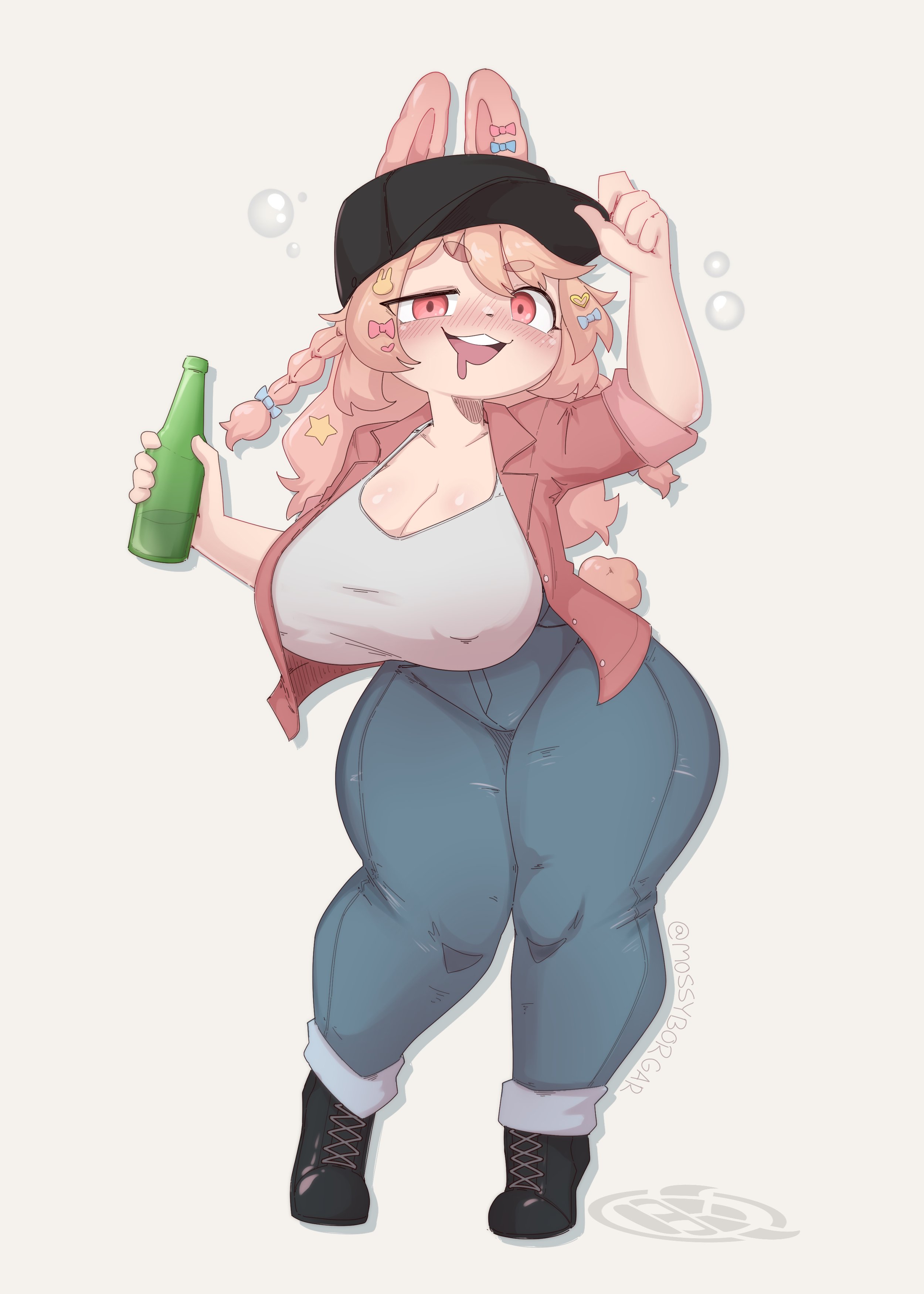 mossyartburger, pipkin pippa, phase connect, absurdres, commentary, english commentary, highres, 1girl, :3, adjusting clothes, adjusting headwear, alternate breast size (larger), animal ears, arm up, artist logo, baseball cap, beer bottle, black boots, black hat, blue bow, blue pants, blush, boots, bottle, bow, braid, breasts, casual, cleavage, collarbone, covered erect nipples, denim, drooling, drunk, ear bow, full body, hair ornament, hat, heart, heart hair ornament, high-waist pants, holding, holding bottle, huge breasts, jeans, layered shirt, logo, long hair, looking at viewer, no bra, open mouth, pants, pink bow, pink eyes, pink shirt, rabbit ears, rabbit girl, rabbit hair ornament, rabbit tail, shirt, short eyebrows, side braids, sidelocks, simple background, sleeves rolled up, solo, standing, star (symbol), star hair ornament, straight hair, tail, teeth, thick thighs, thighs, twitter username, two side up, upper teeth only, white background, white shirt