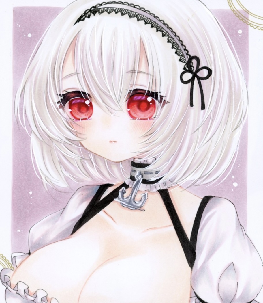 yuuki hana (jtnp5334), sirius (azur lane), azur lane, commentary request, marker (medium), traditional media, 1girl, anchor choker, breasts, choker, cleavage, collarbone, frilled choker, frills, hair between eyes, hairband, lace-trimmed hairband, lace trim, large breasts, looking at viewer, puffy short sleeves, puffy sleeves, red eyes, short hair, short sleeves, solo, two-tone background, upper body, white hair