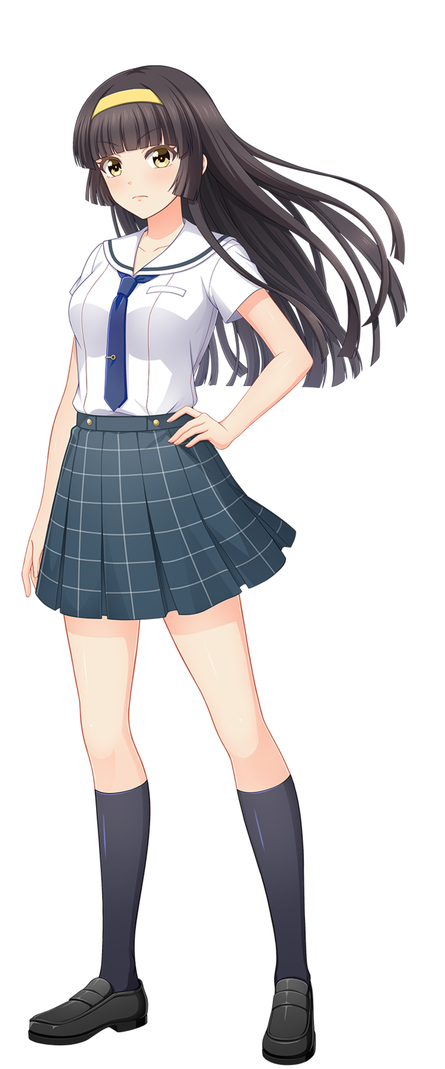 tsukishima yui (hachigatsu no cinderella nine), cinderella series, hachigatsu no cinderella nine, absurdres, highres, non-web source, official art, 1girl, arm at side, black hair, black socks, blue necktie, blunt bangs, breasts, collarbone, floating clothes, floating hair, full body, grey skirt, hairband, hand on own hip, loafers, long hair, looking at viewer, medium breasts, necktie, no dickey, open hand, plaid clothes, plaid skirt, pleated skirt, sailor collar, satogahama school uniform, school uniform, serafuku, shirt, shoes, short sleeves, skirt, socks, solo, standing, summer uniform, thighs, tie clip, transparent background, v-shaped eyebrows, white sailor collar, white shirt, yellow eyes, yellow hairband