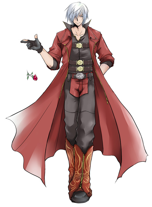 dante (devil may cry), capcom, devil may cry (series), devil may cry 4, 00s, 1boy, coat, fingerless gloves, flower, gloves, jacket, male focus, red jacket, rose, solo, white background, white hair
