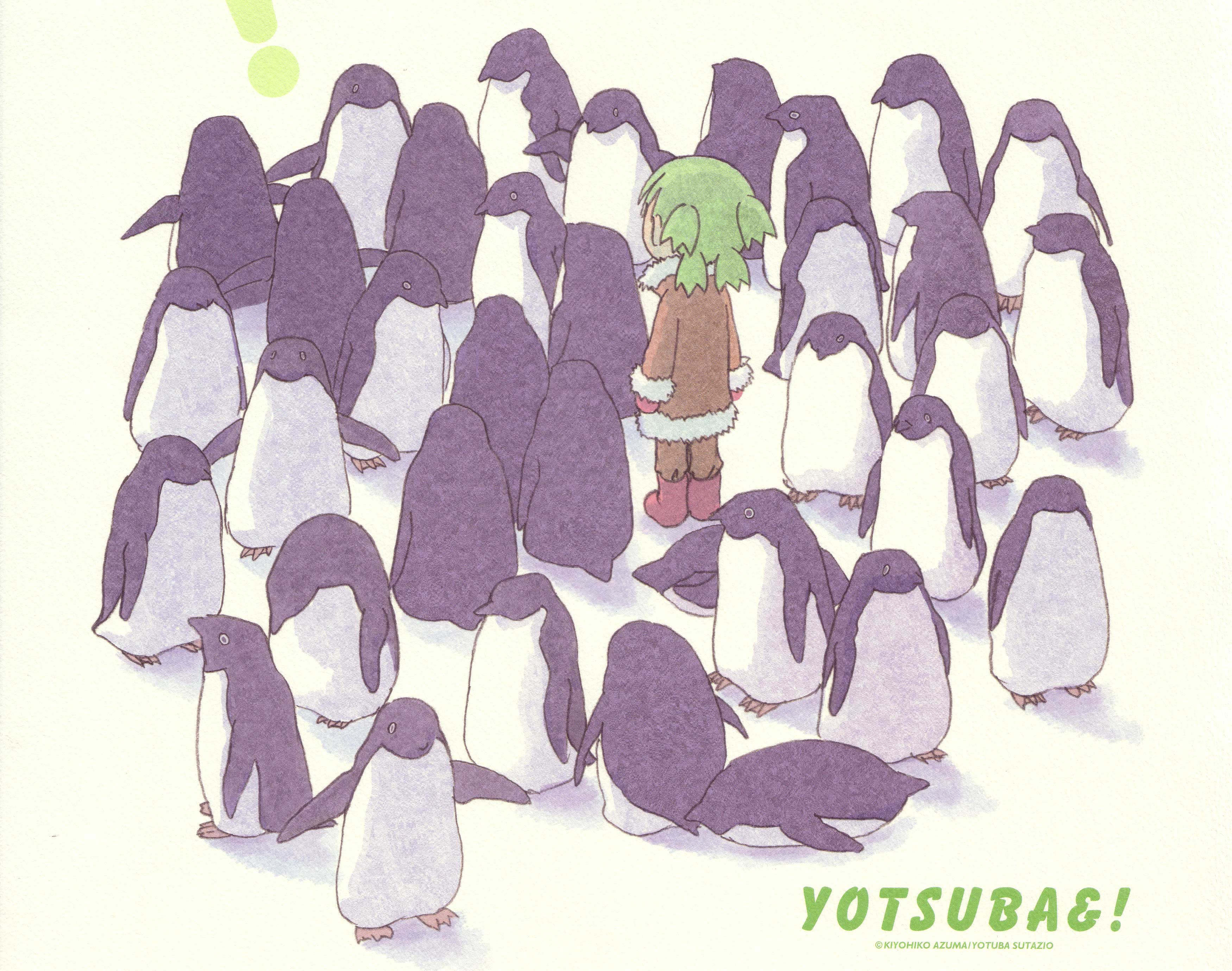azuma kiyohiko, koiwai yotsuba, yotsubato!, absurdres, highres, scan, 1girl, arms at sides, bird, child, copyright name, female focus, odd one out, penguin, solo, standing