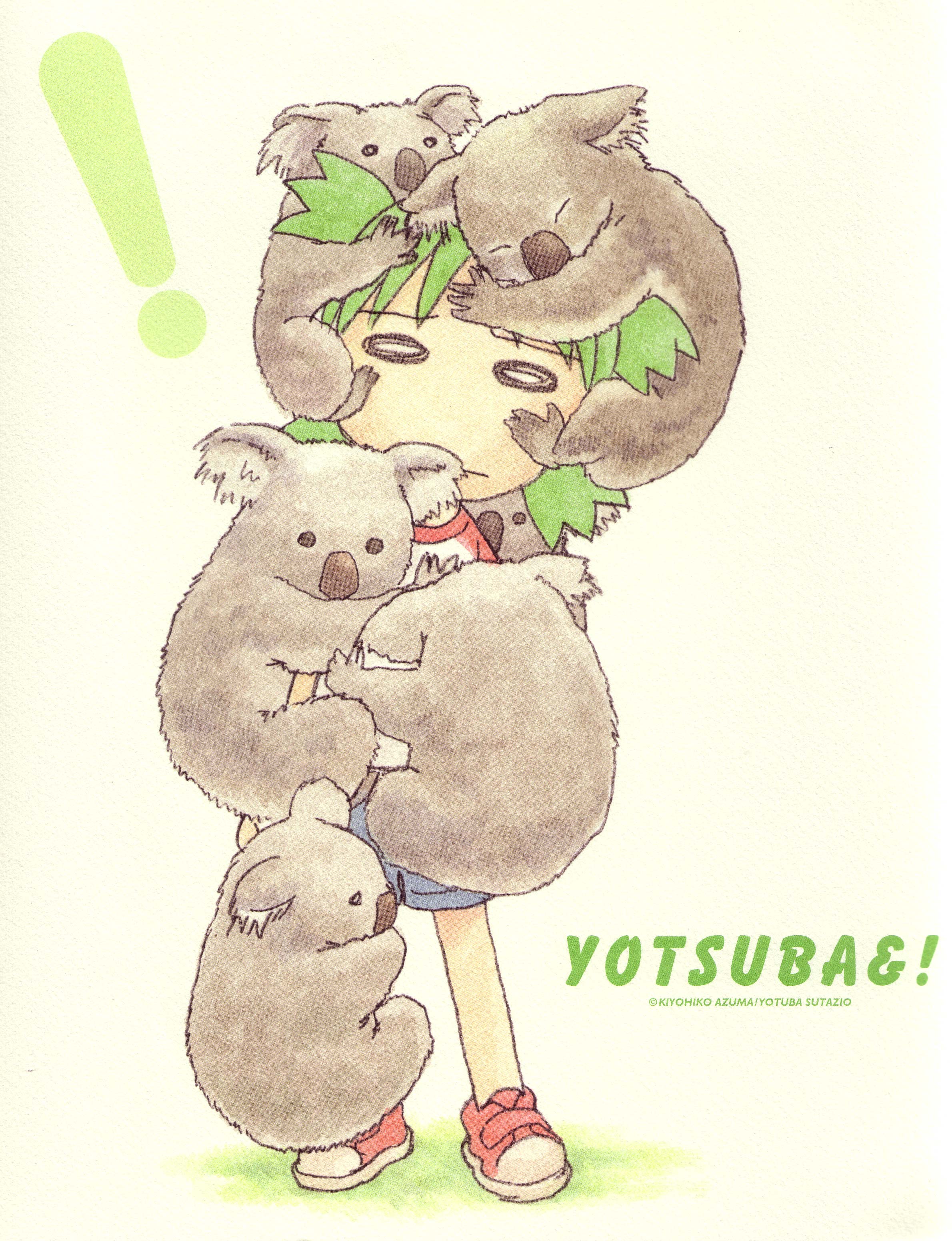 azuma kiyohiko, koiwai yotsuba, yotsubato!, absurdres, highres, scan, 1girl, animal, animal on head, character name, child, copyright name, female focus, full body, green hair, hug, hugging another's leg, koala, no nose, on head, quad tails, shoes, shorts, simple background, solo, standing, yellow background