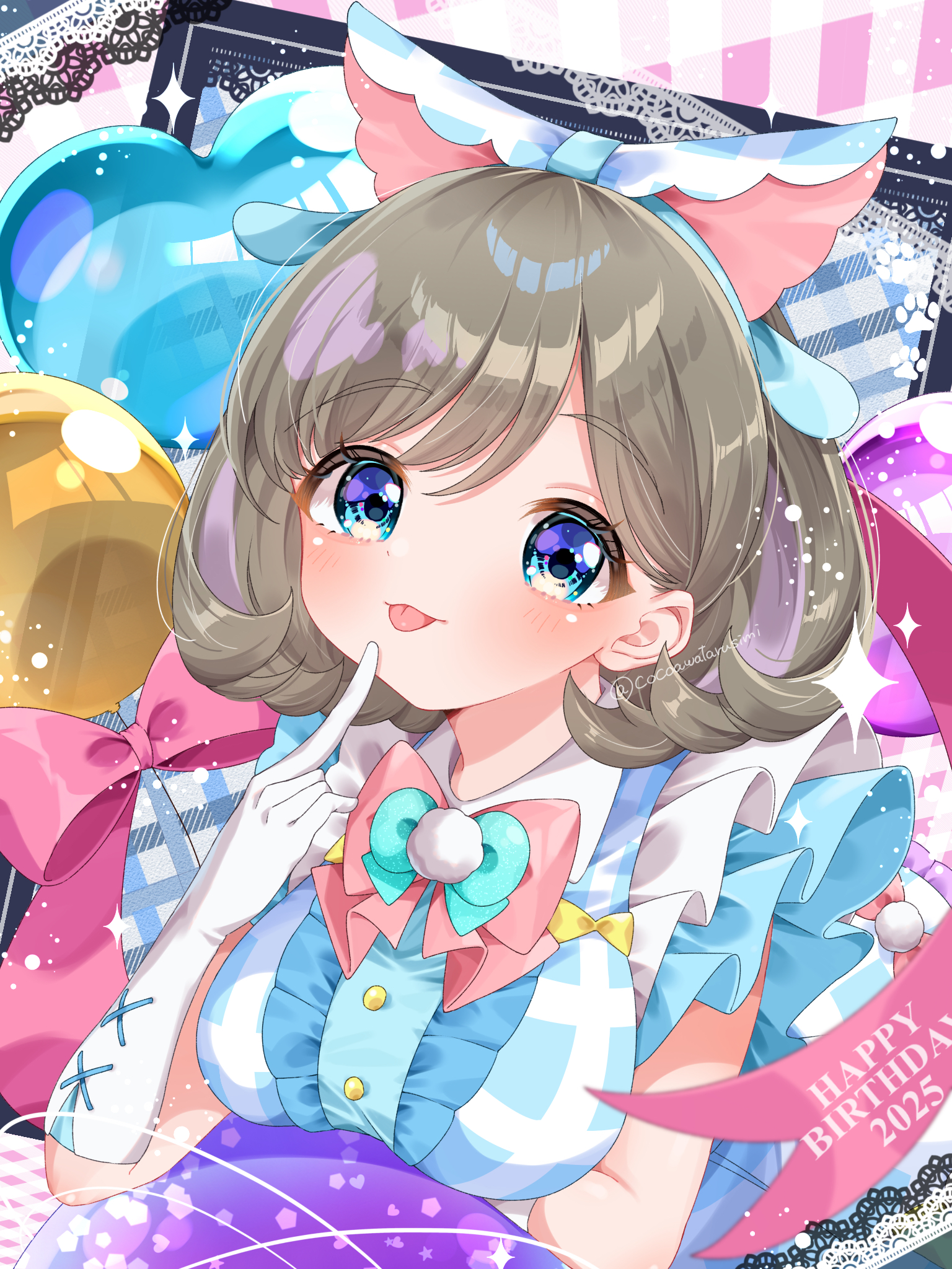fukune koko, tang keke, love live!, love live! superstar!!, commentary request, highres, 1girl, :3, :p, balloon, breasts, center frills, closed mouth, cross-laced clothes, cross-laced gloves, dress, elbow gloves, flipped hair, frilled dress, frills, gloves, grey hair, happy birthday, heart balloon, large breasts, looking at viewer, medium hair, multicolored hair, official alternate costume, purple hair, solo, streaked hair, tongue, tongue out, white gloves, zettaiteki lover