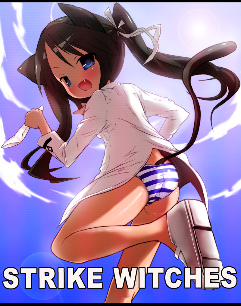cauliflower (hosiyarou), francesca lucchini, strike witches, world witches series, bad id, bad pixiv id, 00s, 1girl, animal ears, black hair, blue eyes, cat ears, cat tail, clothes theft, fang, female focus, hair ribbon, holding, holding panties, holding underwear, holding unworn clothes, karifurawaa, loli, panties, ribbon, solo, striped clothes, striped panties, tail, theft, twintails, underwear, underwear theft, unworn panties, white panties