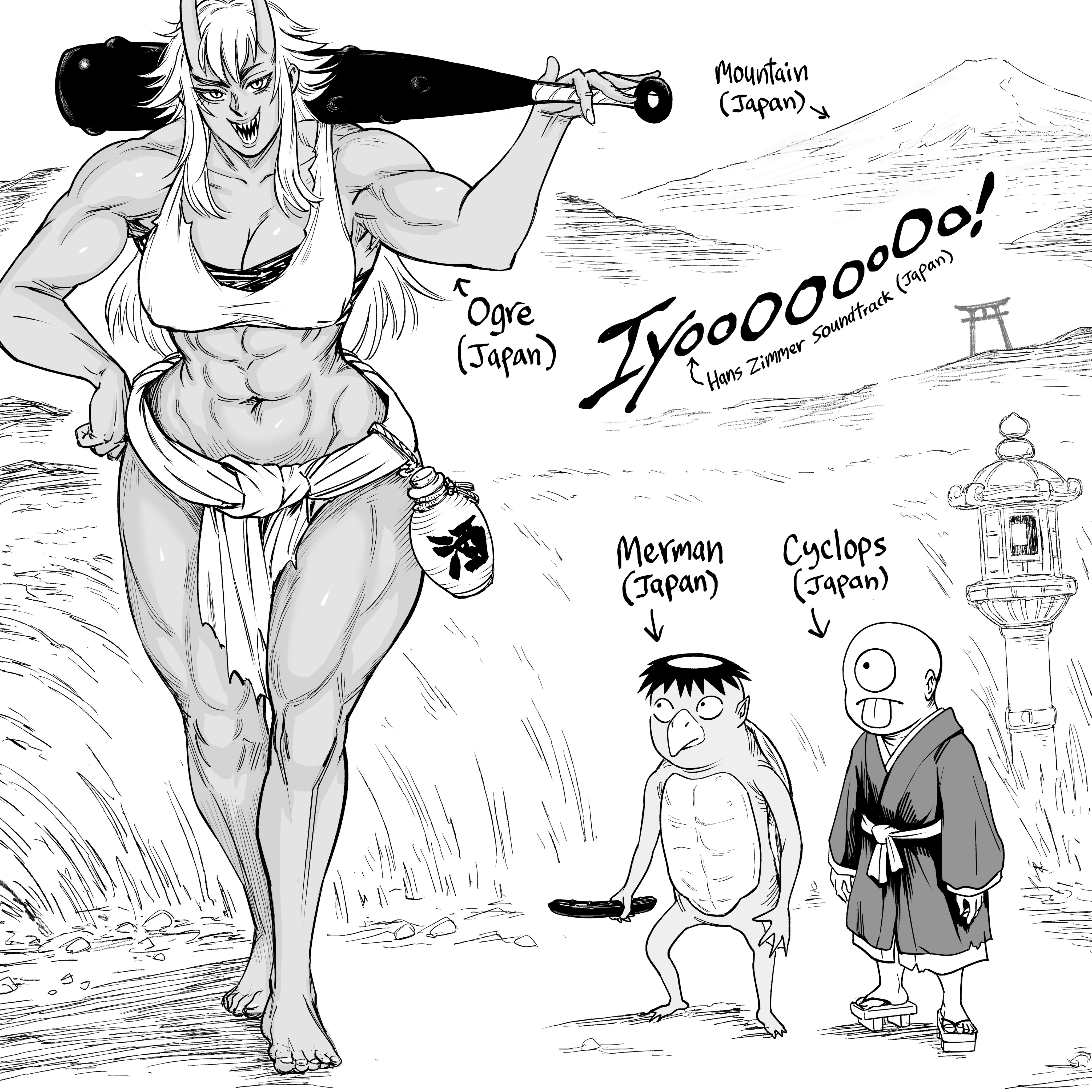 bb (baalbuddy), japanese mythology, absurdres, commentary, english commentary, highres, 1girl, 2boys, abs, barefoot, breasts, club (weapon), cucumber, english text, gourd, kappa, large breasts, mountain, multiple boys, muscular, muscular female, oni, platform sandals, sandals, sharp teeth, teeth, tongue, tongue out, torii, weapon