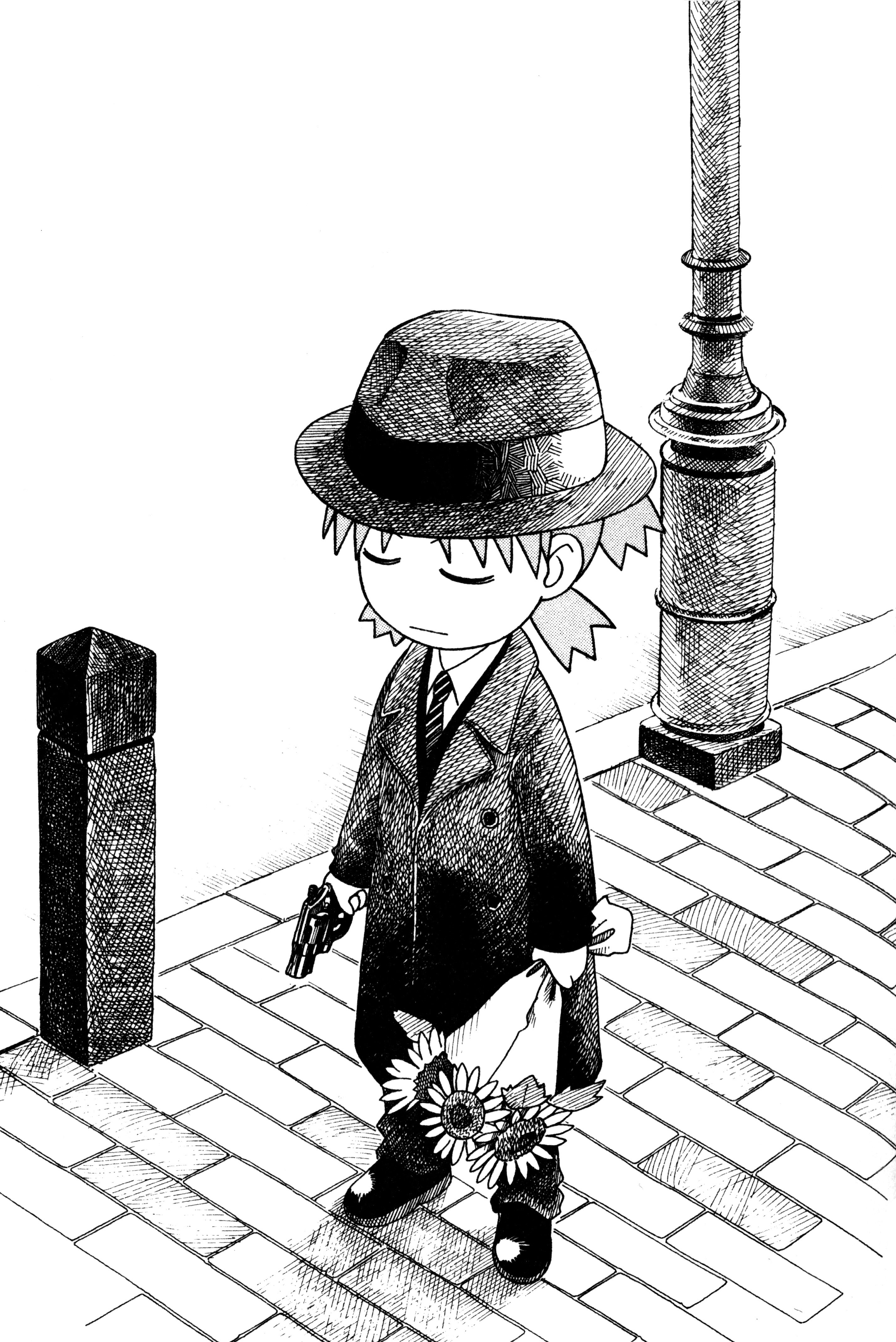 azuma kiyohiko, koiwai yotsuba, yotsubato!, absurdres, highres, scan, 1girl, child, closed eyes, female focus, flower, greyscale, gun, handgun, hat, monochrome, revolver, solo, weapon