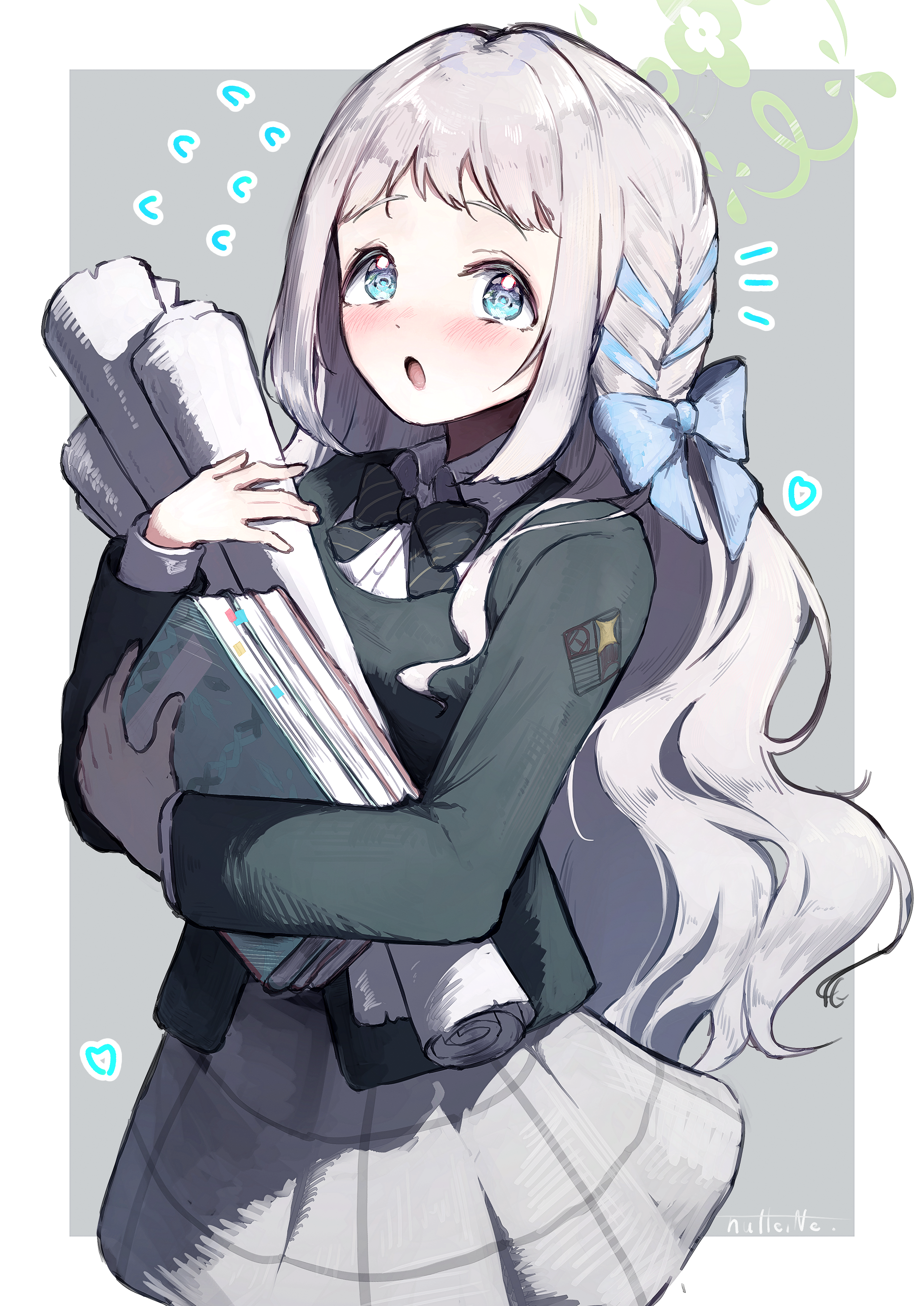 coffee upa, katsuragi lilja, miyo (blue archive), blue archive, gakuen idolmaster, idolmaster, absurdres, commentary request, highres, 1girl, blue bow, blue eyes, blue ribbon, blush, book, border, bow, bowtie, braid, collared shirt, cosplay, flying sweatdrops, green bow, green bowtie, green halo, green jacket, grey background, grey hair, grey skirt, hair bow, hair ribbon, halo, holding, holding book, holding scroll, hugging book, hugging object, jacket, long hair, long sleeves, looking at viewer, open mouth, outside border, plaid clothes, plaid skirt, ribbon, ribbon braid, scroll, shirt, sidelocks, signature, skirt, solo, striped bow, striped bowtie, striped clothes, voice actor connection, white border