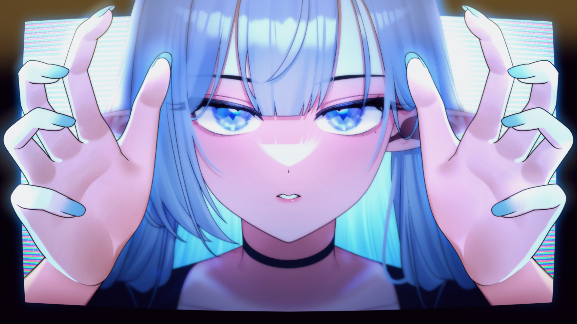 halo sweety (artist), halo sweety, indie virtual youtuber, highres, 1girl, black choker, blue eyes, blue hair, blue nails, choker, close-up, diamond-shaped pupils, diamond (shape), long hair, mole, mole under eye, parted lips, pointy ears, reaching, reaching towards viewer, solo, symbol-shaped pupils, virtual youtuber