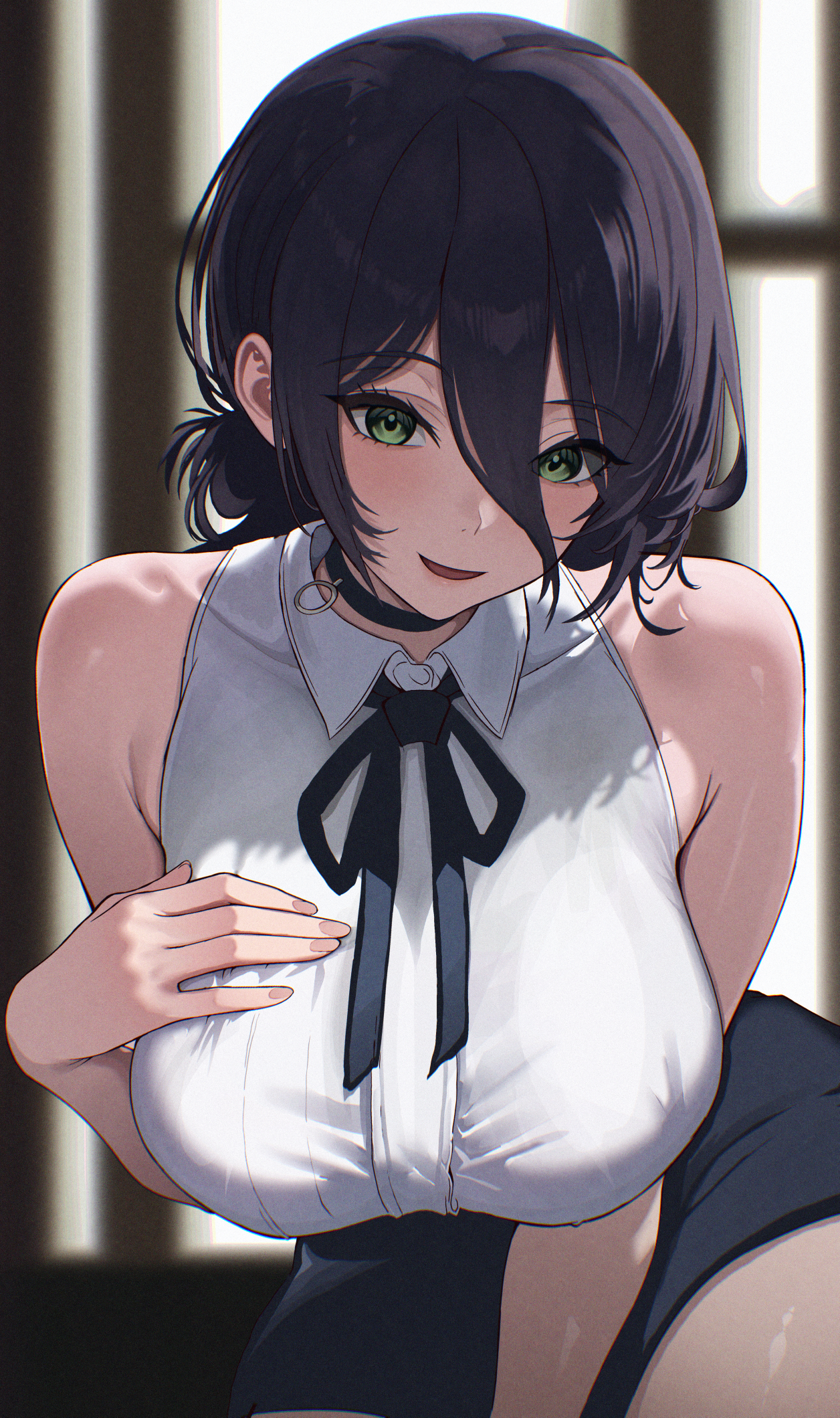 ni tamago sando, reze (chainsaw man), chainsaw man, commentary request, highres, 1girl, black ribbon, black skirt, blurry, blurry background, blush, breasts, fingernails, green eyes, hair between eyes, large breasts, long hair between eyes, looking at viewer, neck ribbon, open mouth, ribbon, shirt, skirt, sleeveless, sleeveless shirt, smile, solo