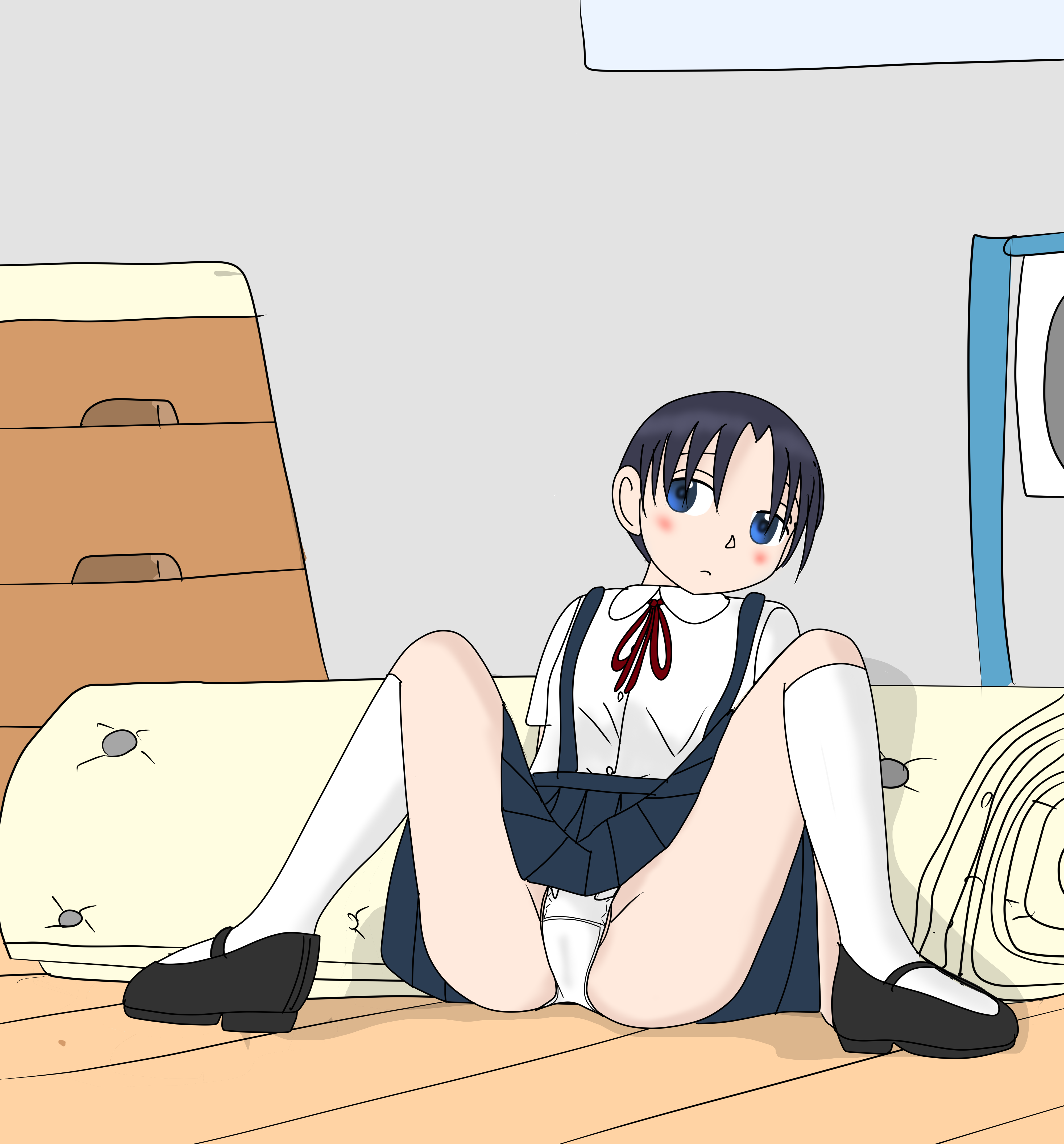 sexless2012, original, absurdres, highres, 1girl, arm support, black hair, black shoes, black skirt, blue eyes, blush, clothes lift, crotch seam, gym storeroom, kneehighs, looking at viewer, mary janes, neck ribbon, panties, red ribbon, ribbon, school uniform, shirt, shoes, short hair, short sleeves, sitting, skirt, skirt lift, socks, spread legs, stained panties, suspender skirt, suspenders, underwear, vaulting horse, white panties, white shirt, white socks