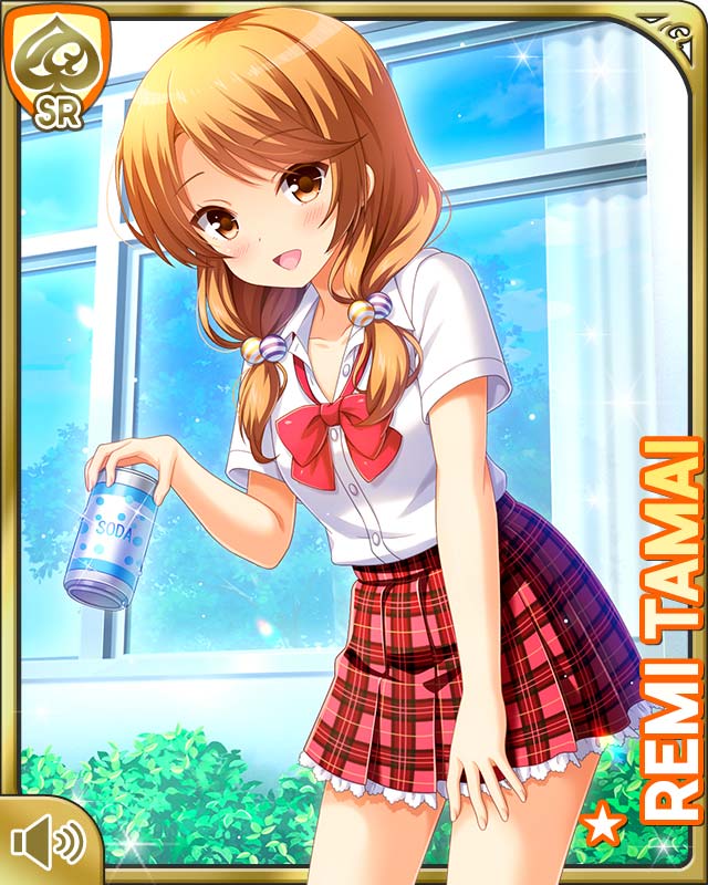 qp:flapper, tamai remi, girlfriend (kari), official art, tagme, 1girl, :d, bow, bowtie, brown eyes, brown hair, bush, card (medium), closed mouth, day, looking at viewer, low twintails, open mouth, outdoors, plaid clothes, plaid skirt, pleated skirt, red bow, red skirt, school, school uniform, shirt, skirt, smile, socks, solo, standing, twintails, white shirt, window