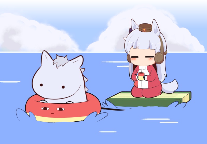 gomashio (goma feet), gold ship (racehorse), gold ship (umamusume), umamusume, commentary request, 1girl, animal ears, blue sky, blunt bangs, blush, closed eyes, creature and personification, cup, day, grey hair, holding, holding cup, horse, horse ears, horse girl, horse tail, jacket, long hair, long sleeves, no mouth, ocean, outdoors, pants, personification, red jacket, red pants, sitting, sky, swim ring, tail, tracen training uniform, track jacket, water