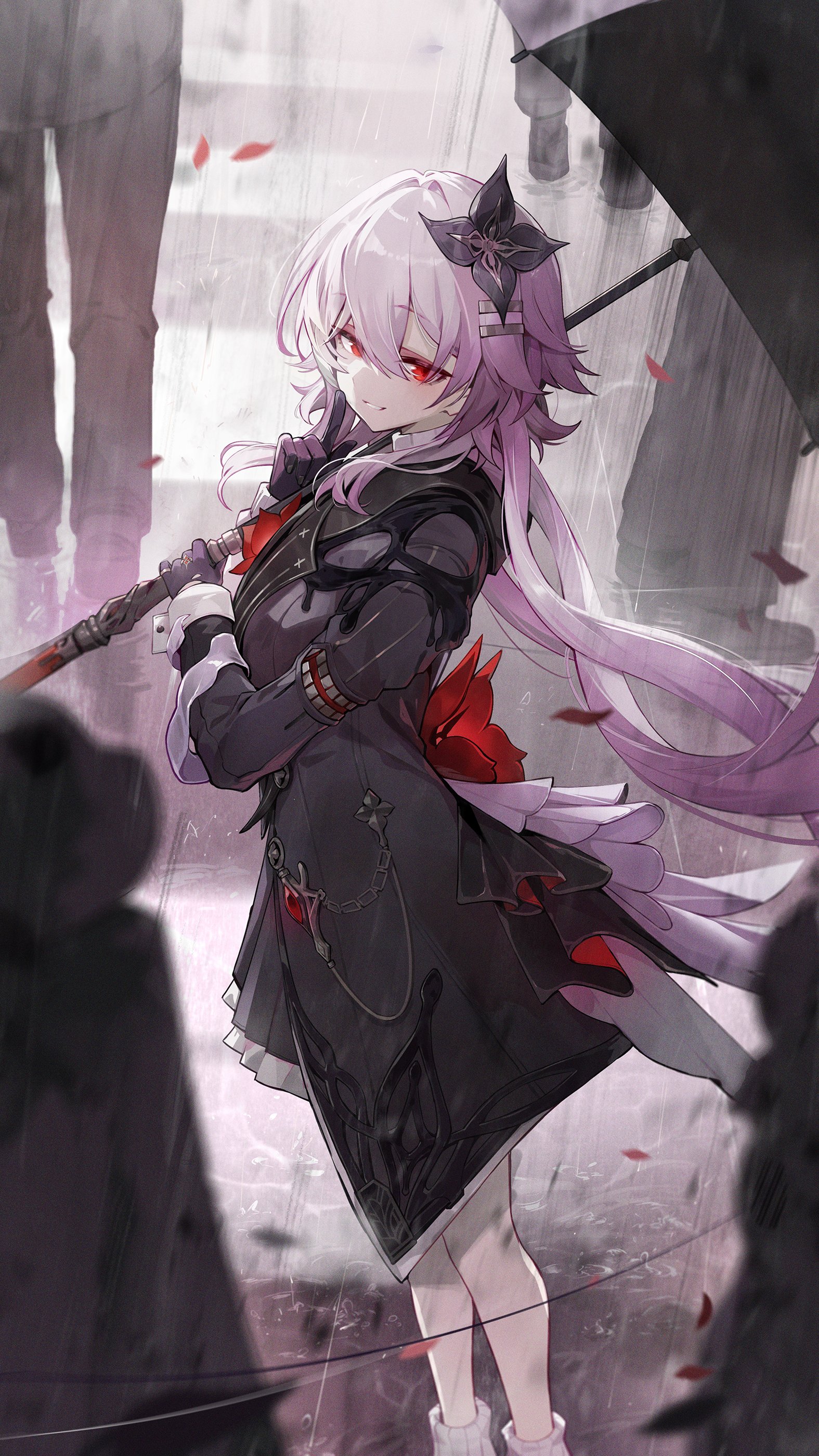 goomrrat, evernight (honkai: star rail), march 7th (honkai: star rail), honkai: star rail, honkai (series), absurdres, commentary request, highres, 1girl, black dress, black gloves, black umbrella, breasts, crowd, dress, finger to mouth, flower ornament, from side, gloves, hair ornament, holding, holding umbrella, long hair, looking at viewer, medium breasts, parted lips, pink hair, rain, red eyes, smile, solo, umbrella