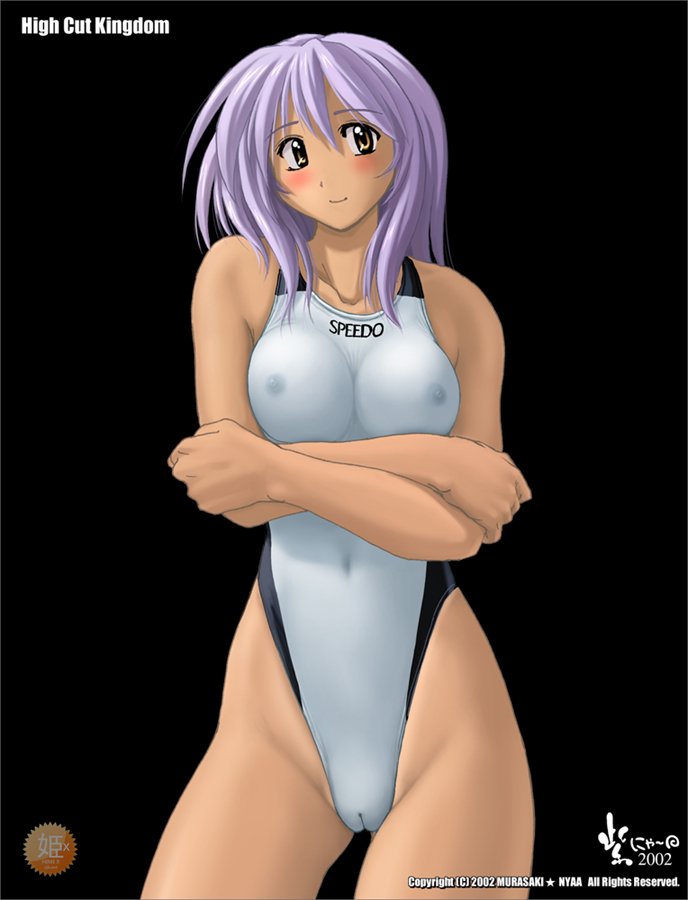 nyanko batake, high cut kingdom, speedo (company), highleg swimsuit, 2002, black background, blush, breasts, brown eyes, cameltoe, competition swimsuit, covered erect nipples, covered navel, crossed arms, highleg, large breasts, nipples, one-piece swimsuit, purple hair, see-through clothes, swimsuit