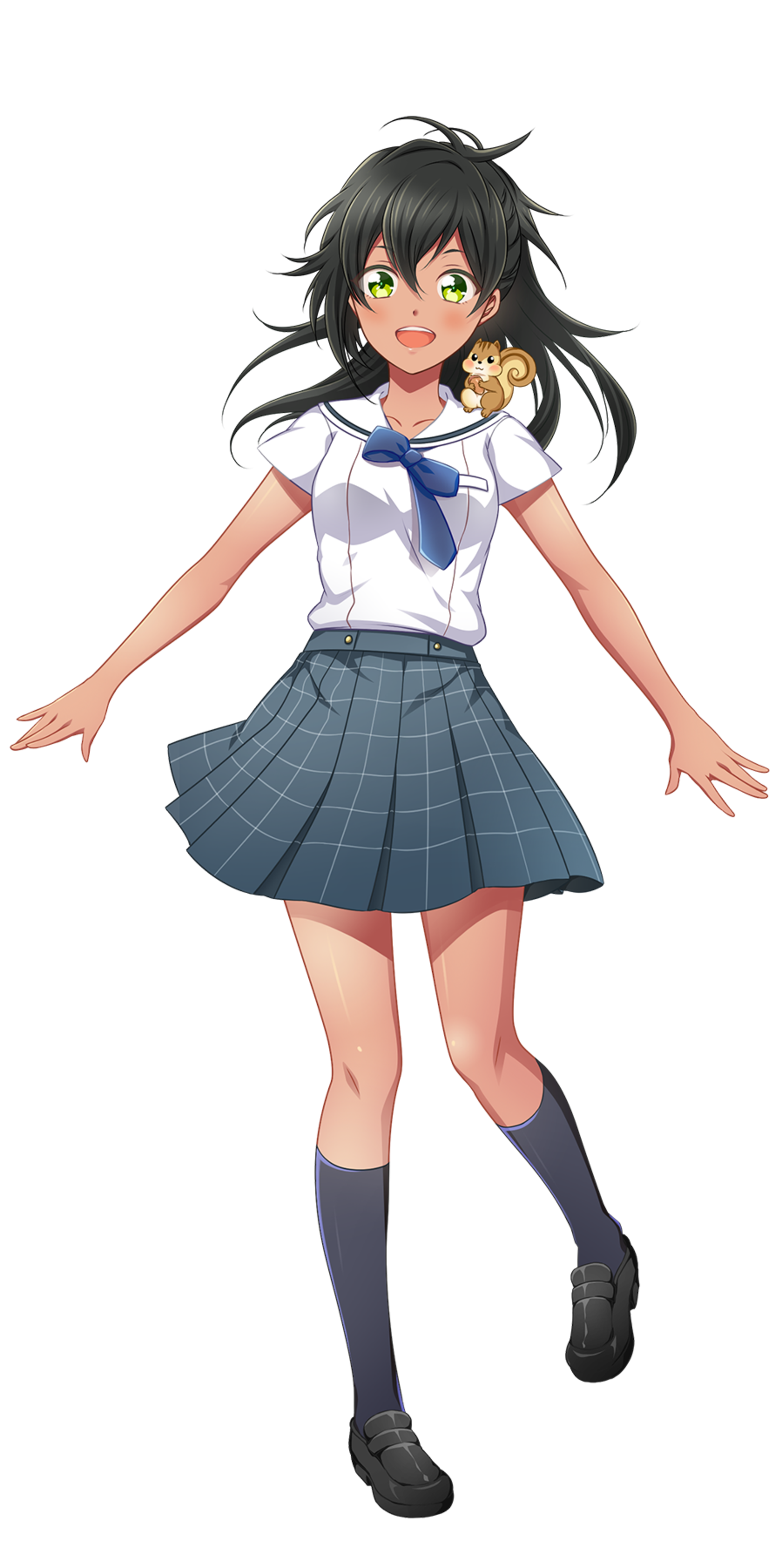 cinderella series, hachigatsu no cinderella nine, absurdres, highres, non-web source, official art, 1girl, akino komugi, animal, animal on shoulder, black hair, black socks, blue bow, blue bowtie, bow, bowtie, breasts, collarbone, floating clothes, floating hair, full body, green eyes, grey skirt, hair between eyes, high ponytail, loafers, long hair, looking at viewer, no dickey, open hands, open mouth, outstretched arm, plaid clothes, plaid skirt, pleated skirt, ponytail, sailor collar, satogahama school uniform, school uniform, serafuku, shadow, shirt, shoes, short sleeves, skirt, small breasts, smile, socks, solo, squirrel, standing, standing on one leg, summer uniform, tachi-e, tan, teeth, thighs, transparent background, upper teeth only, white sailor collar, white shirt