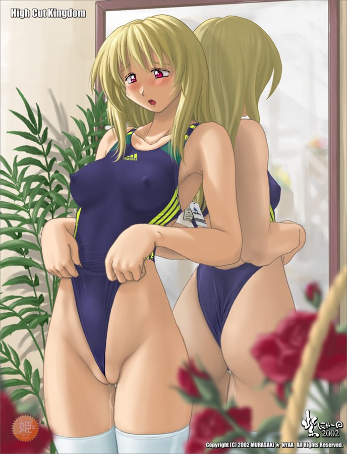 nyanko batake, adidas, high cut kingdom, 1girl, 2002, ass, blonde hair, blush, breasts, cameltoe, collarbone, competition swimsuit, covered erect nipples, dripping, female focus, flower, frontal wedgie, indoors, mirror, nipples, one-piece swimsuit, plant, pussy juice, red eyes, self wedgie, solo, standing, swimsuit, thighhighs, uncensored, wedgie, white thighhighs