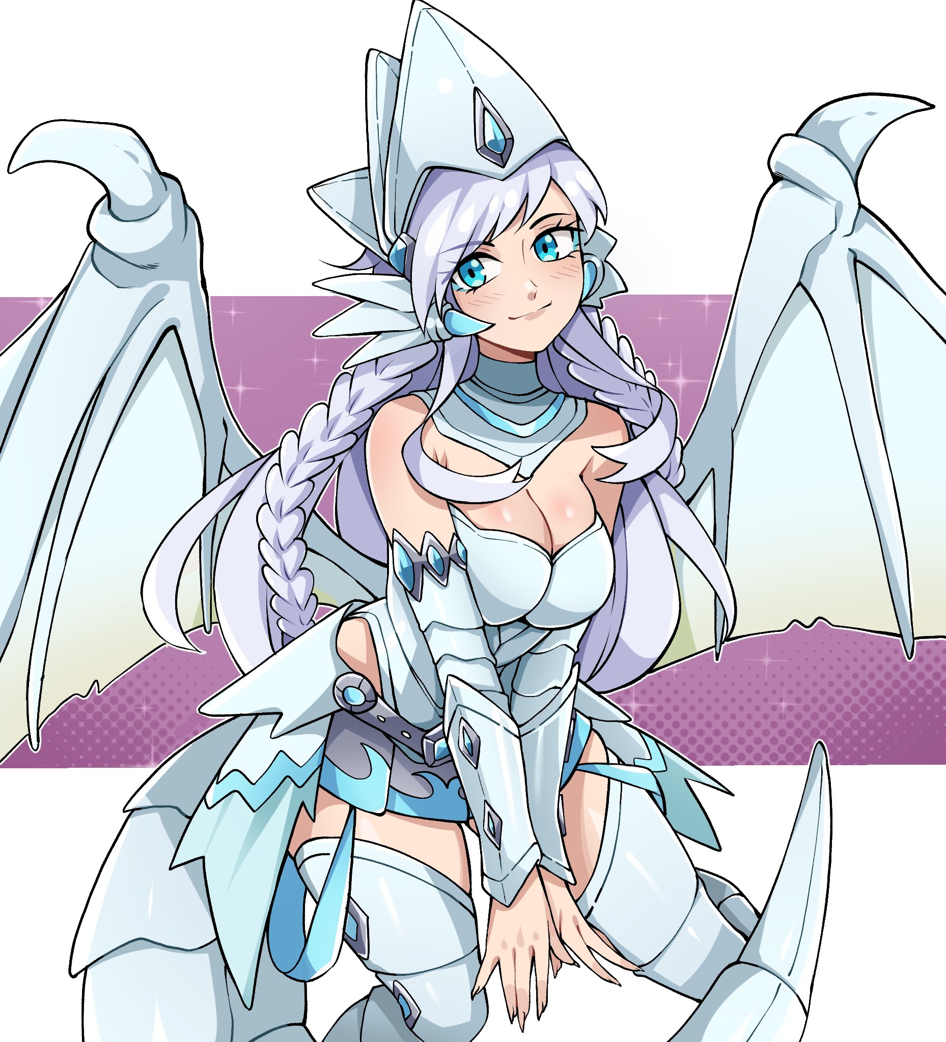 oninuer, original, commentary, commission, english commentary, highres, 1girl, arm armor, armor, bare shoulders, blue eyes, breasts, cleavage, closed mouth, cowboy shot, dragon tail, dragon wings, fake tail, fake wings, large breasts, long hair, looking at viewer, smile, solo, swept bangs, tail, thighhighs, white armor, white hair, white thighhighs, wings