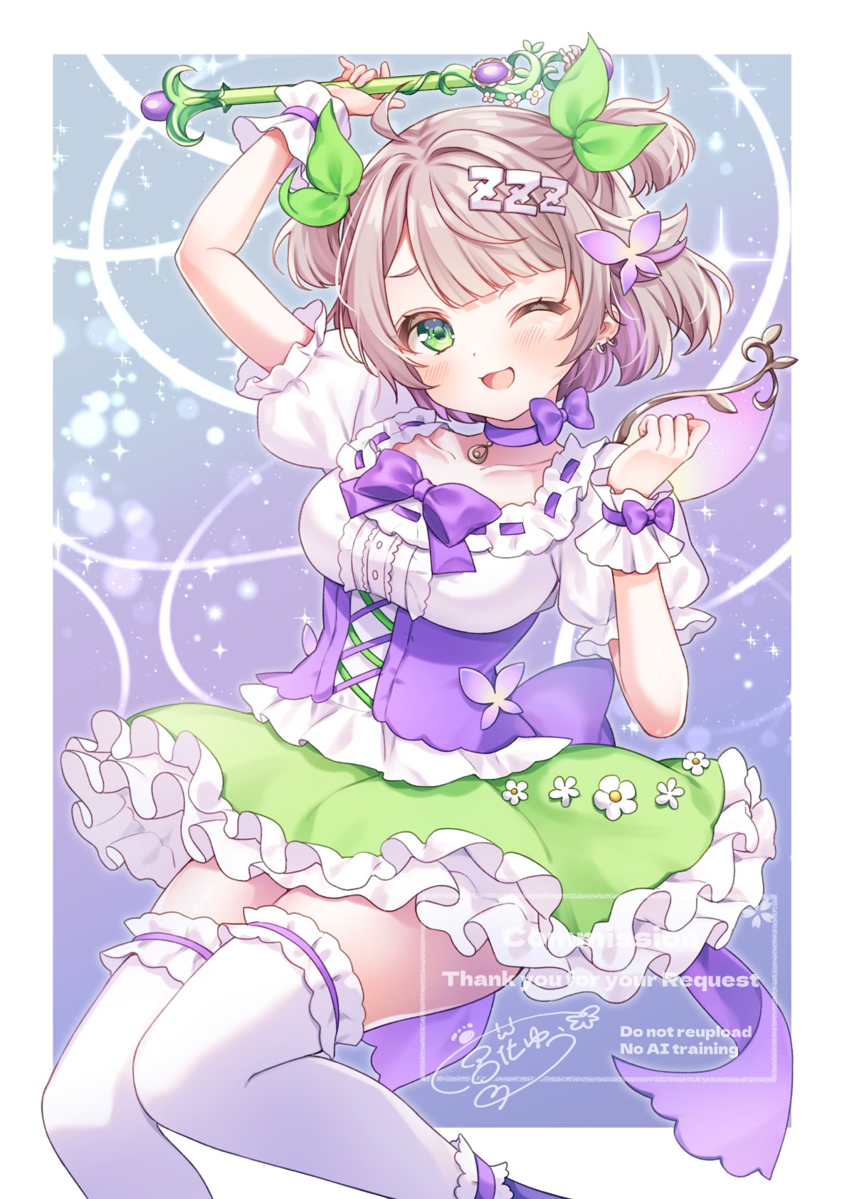miyahana yu (artist), mewlive, commentary, highres, 1girl, ;d, blunt bangs, blush, border, bow, bow choker, bowtie, brown hair, choker, corset, feet out of frame, frilled skirt, frilled thighhighs, frills, green eyes, green skirt, holding, holding wand, looking at viewer, nukunuku nemumi, one eye closed, open mouth, outside border, purple background, purple bow, purple bowtie, purple choker, purple corset, shirt, short hair, short sleeves, signature, skirt, smile, solo, sparkle, thighhighs, virtual youtuber, wand, watermark, white border, white shirt, white thighhighs