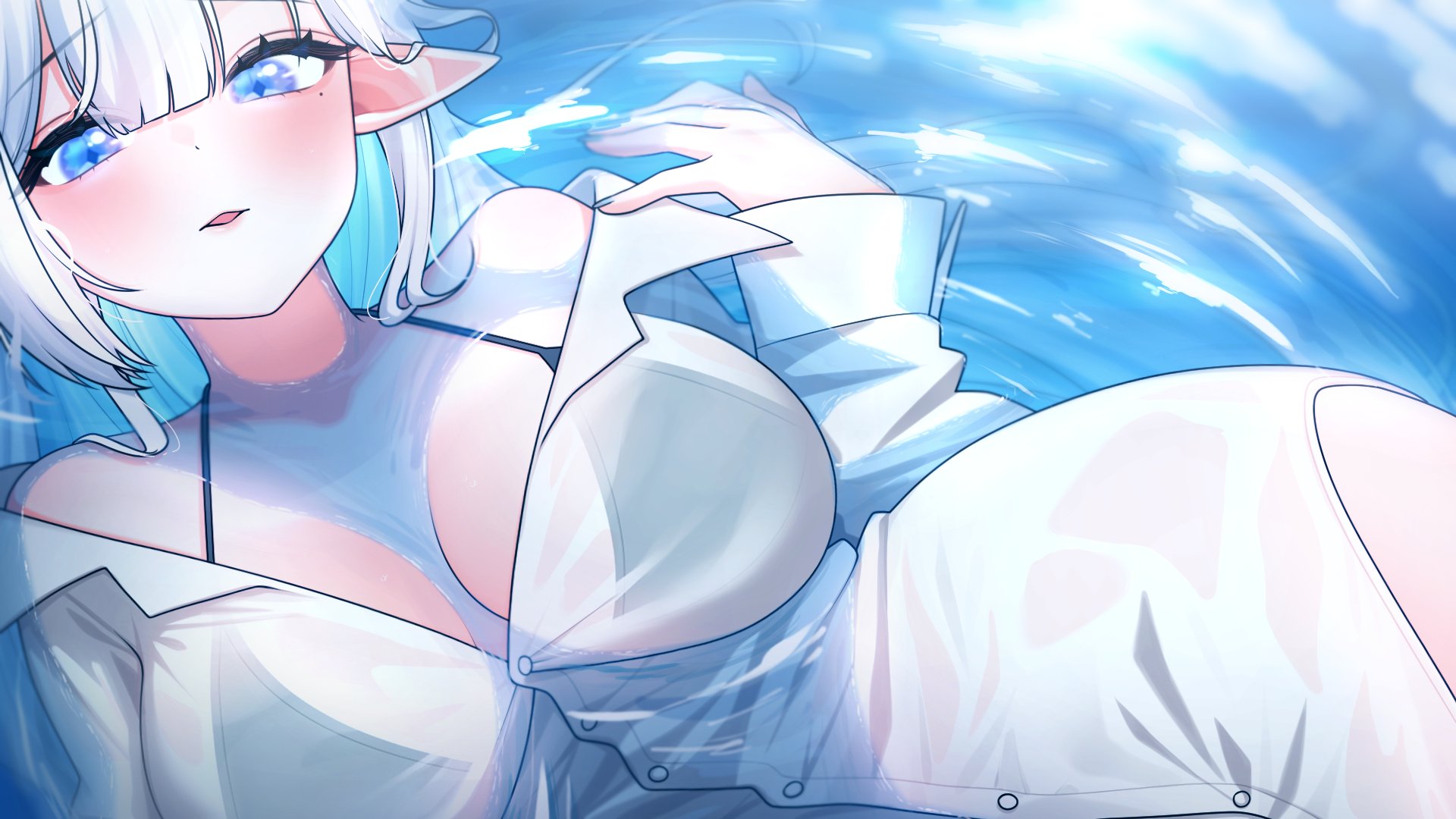 halo sweety (artist), halo sweety, indie virtual youtuber, highres, 1girl, bikini, bikini under clothes, black bikini, blue eyes, blue hair, breasts, buttons, collared shirt, colored inner hair, diamond-shaped pupils, diamond (shape), long hair, mole, mole under eye, multicolored hair, pointy ears, shirt, solo, swimsuit, symbol-shaped pupils, virtual youtuber, wet, wet clothes, wet shirt, white hair, white shirt