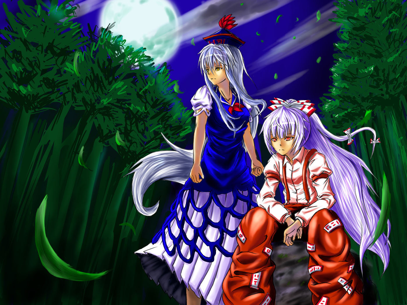 bnd, bondo (borndragon), fujiwara no mokou, kamishirasawa keine, touhou, 2girls, female focus, forest, moon, multiple girls, nature, ribbon